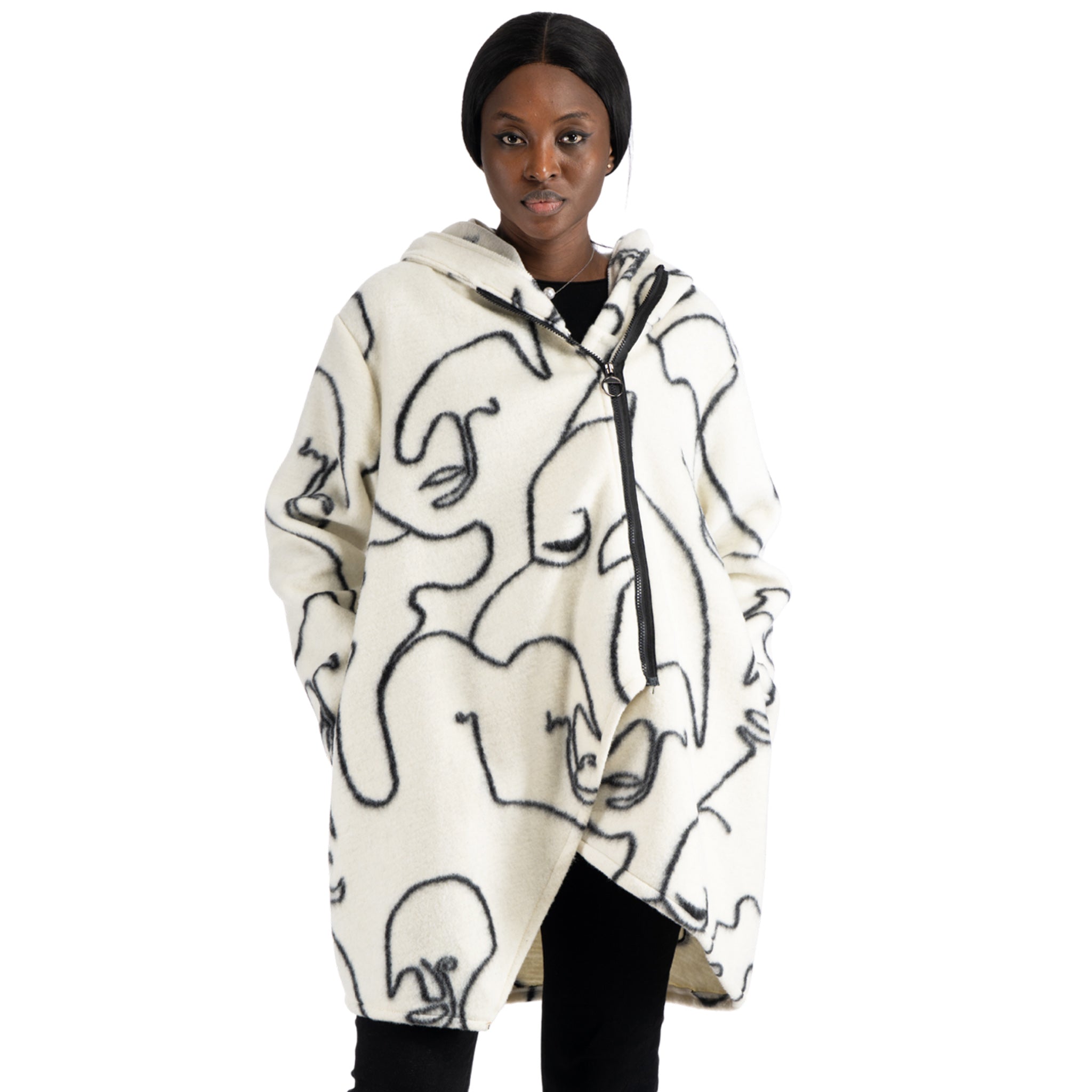 Face print zip hooded coat