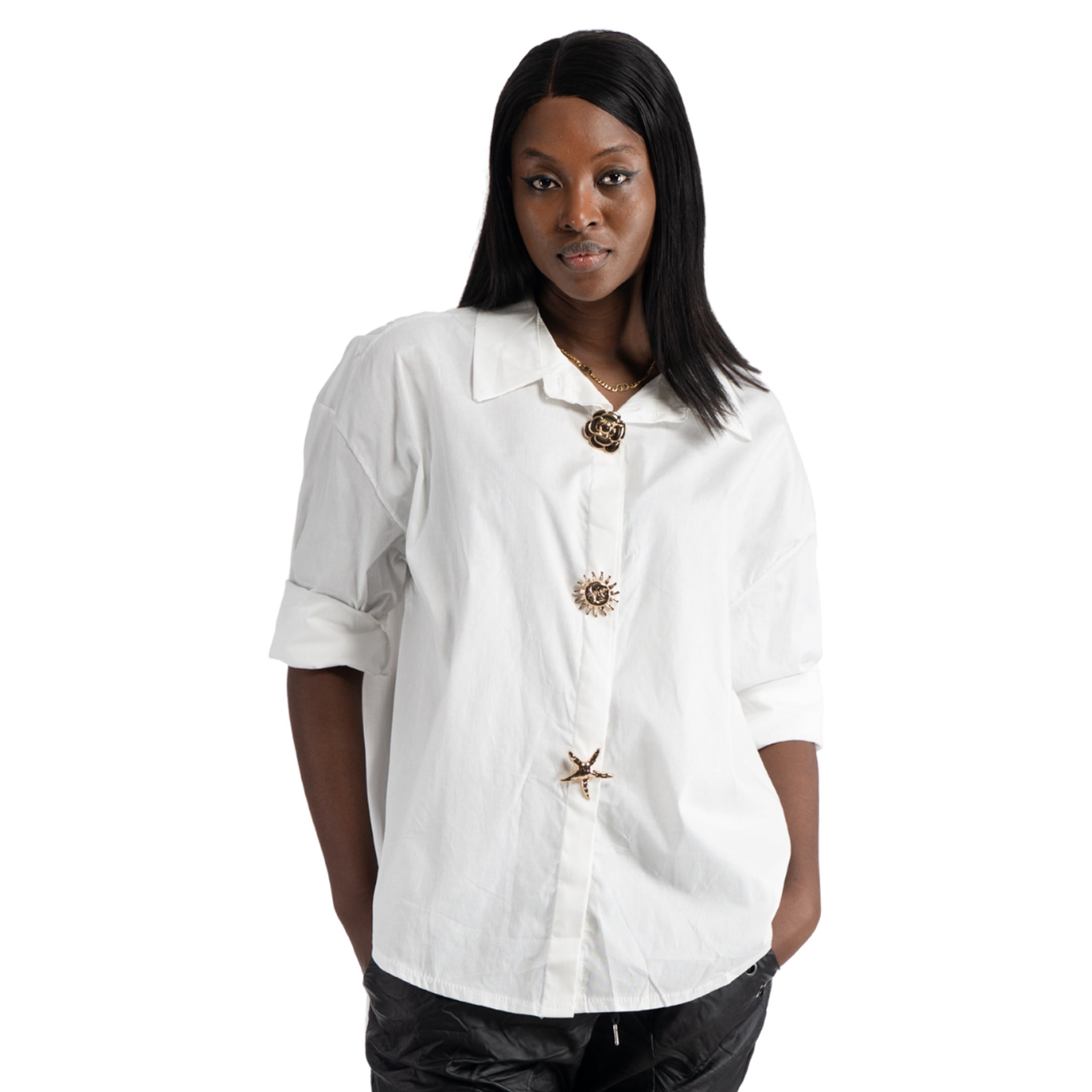 Flower sun brooch detail shirt