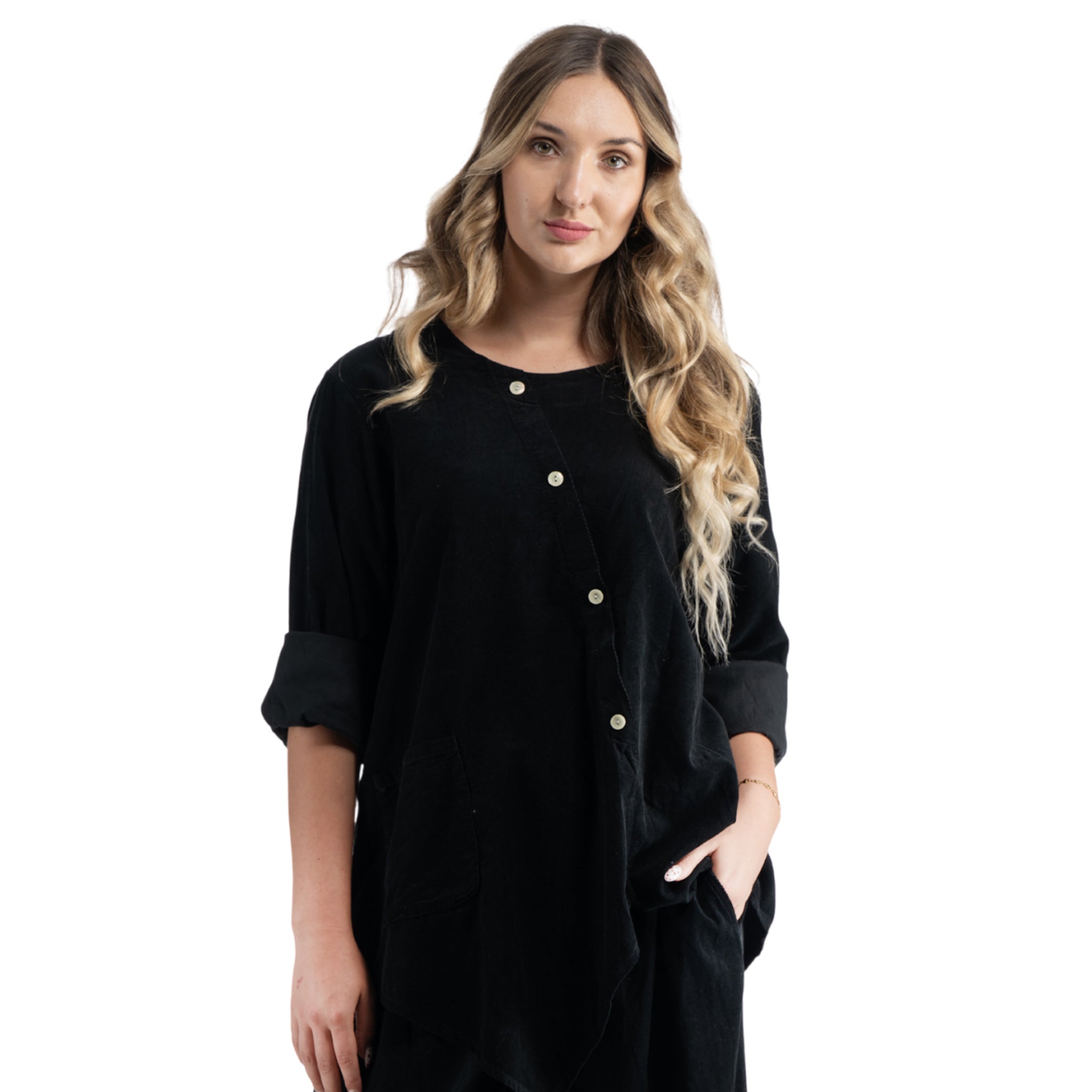 Asymmetrical button corduroy pointy top