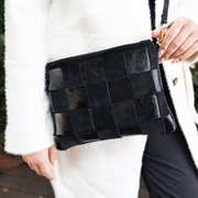 Genuine leather shimmer suede clutch bag