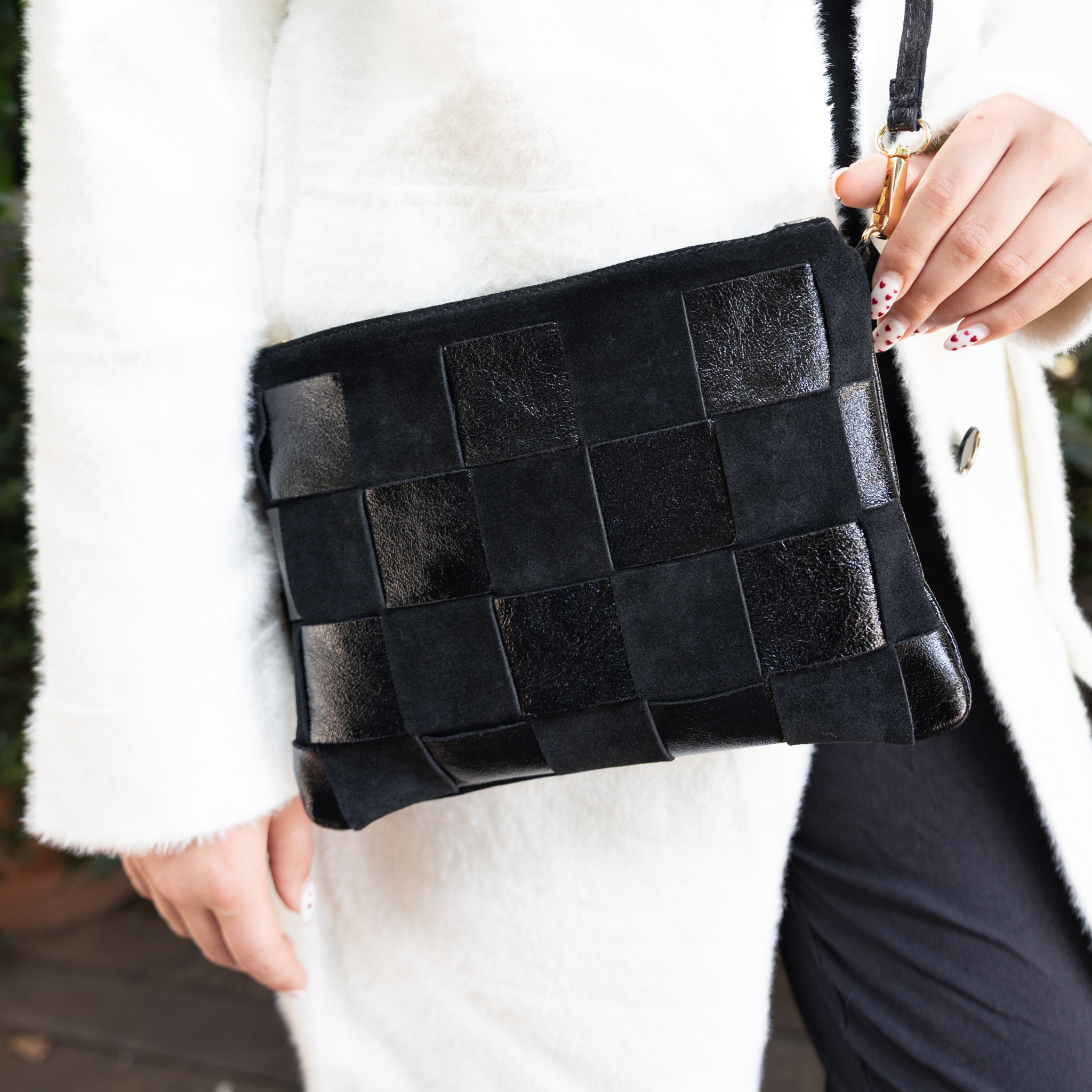 Genuine leather shimmer suede clutch bag