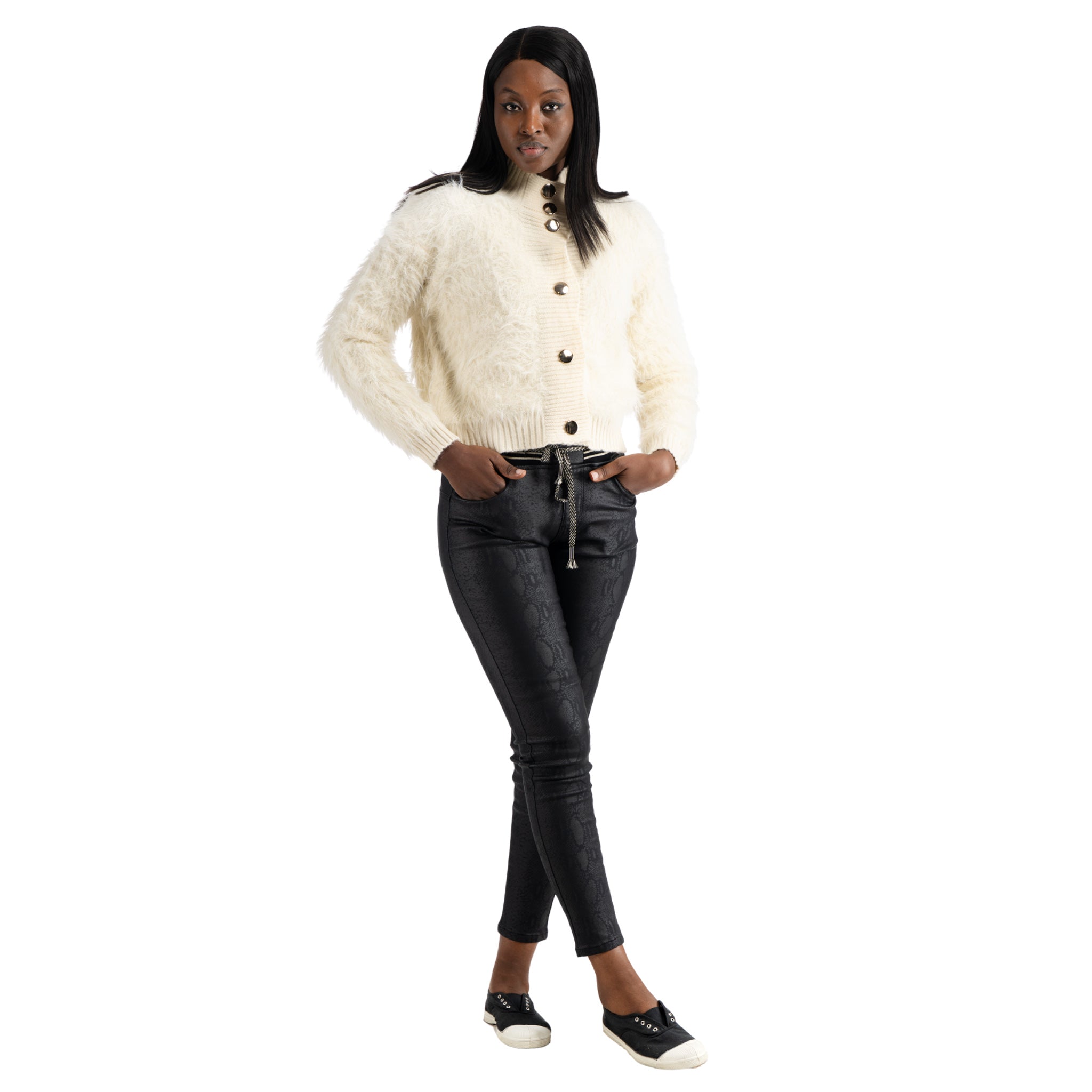 Gold circle button fluffy cardi