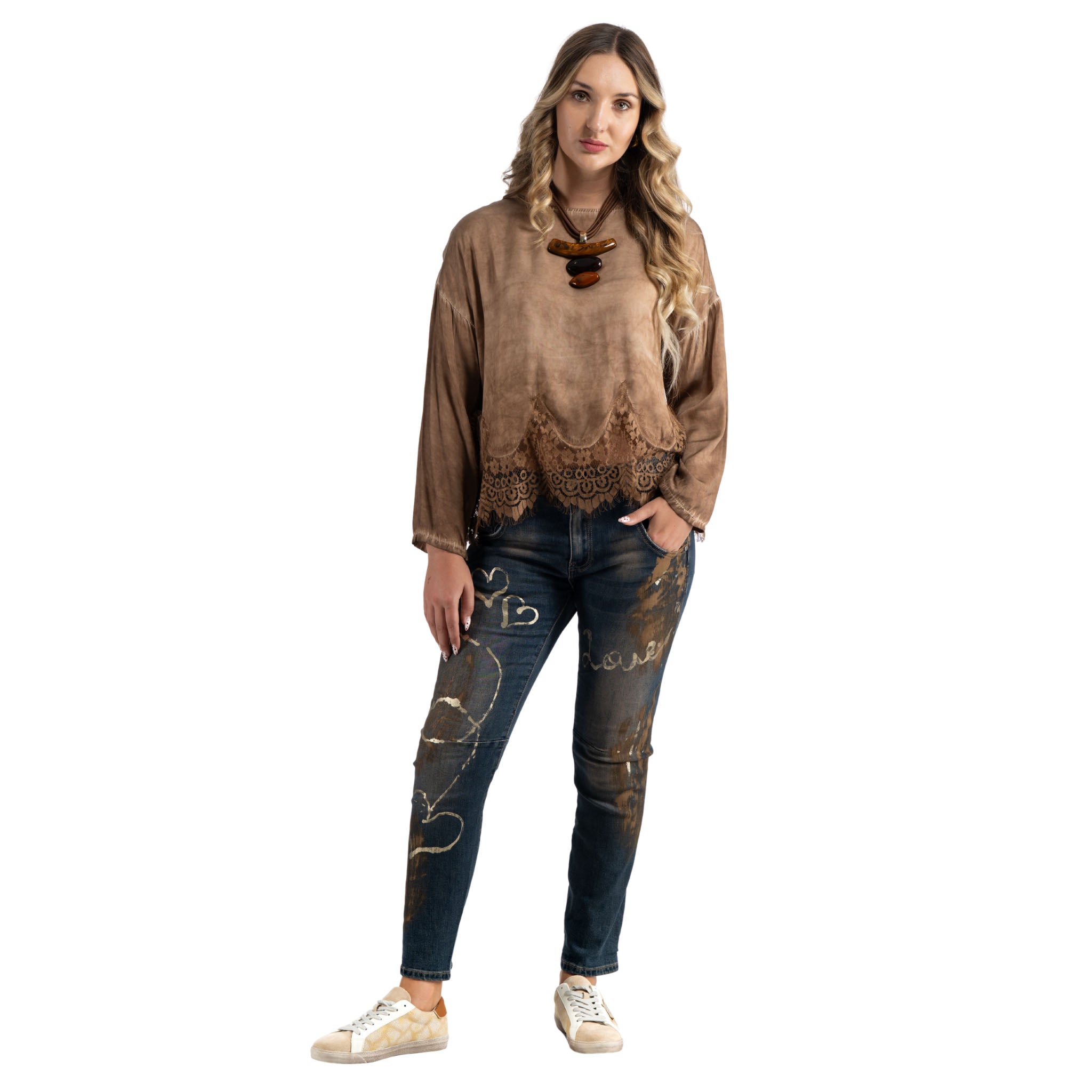 Overdyed lace border silky top