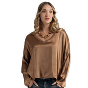 Ribbed neck silky top