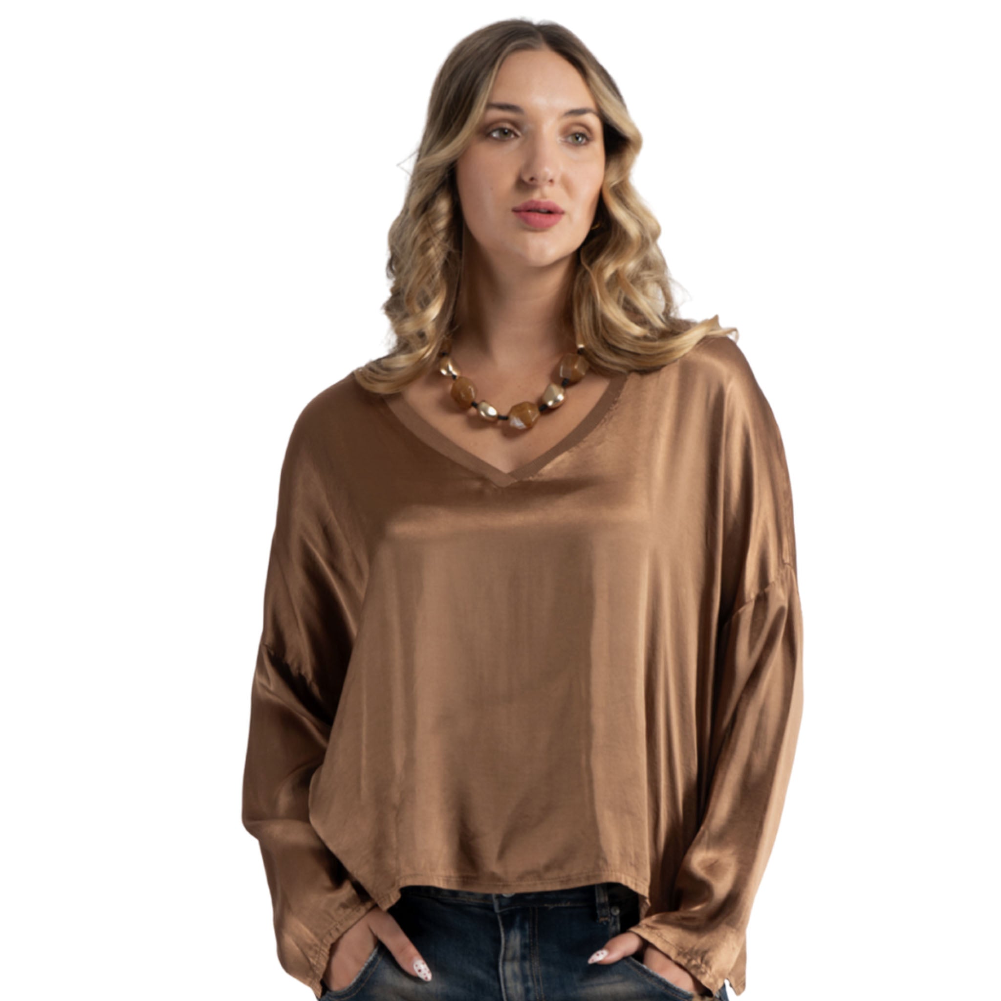 Ribbed neck silky top