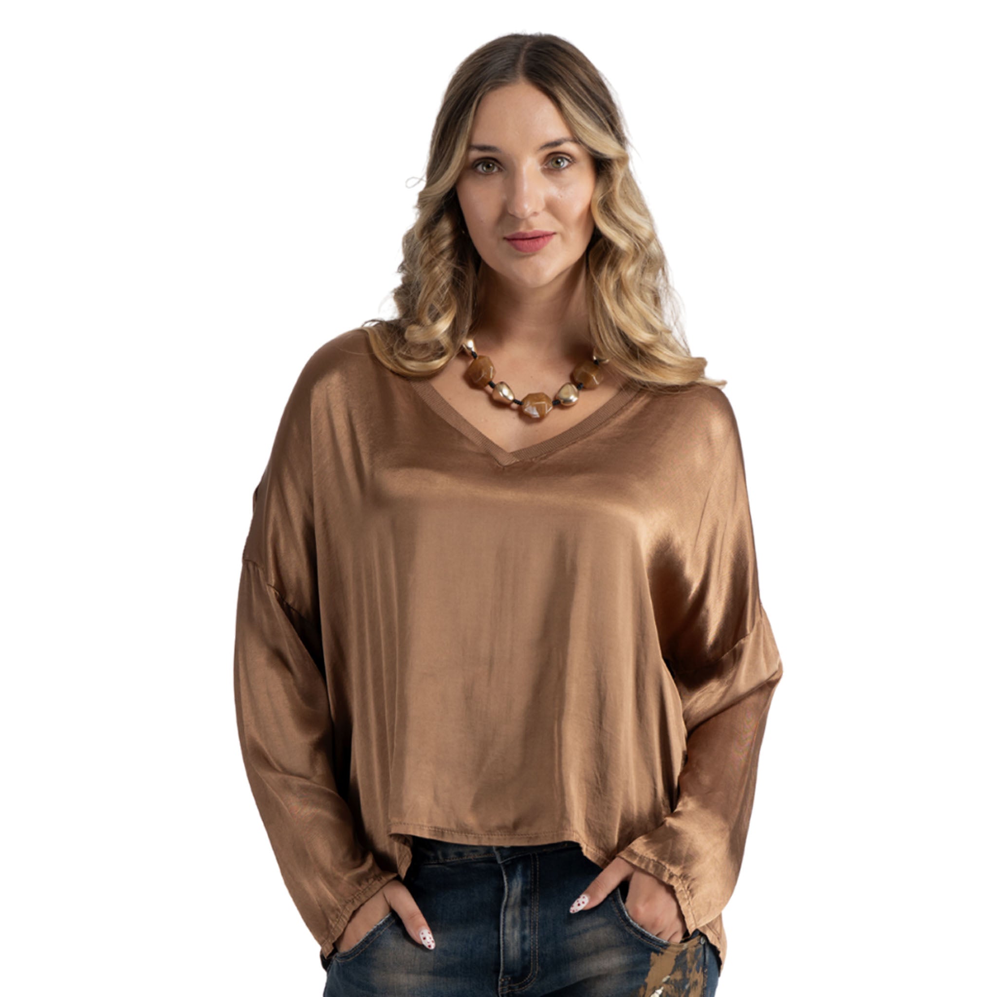 Ribbed neck silky top
