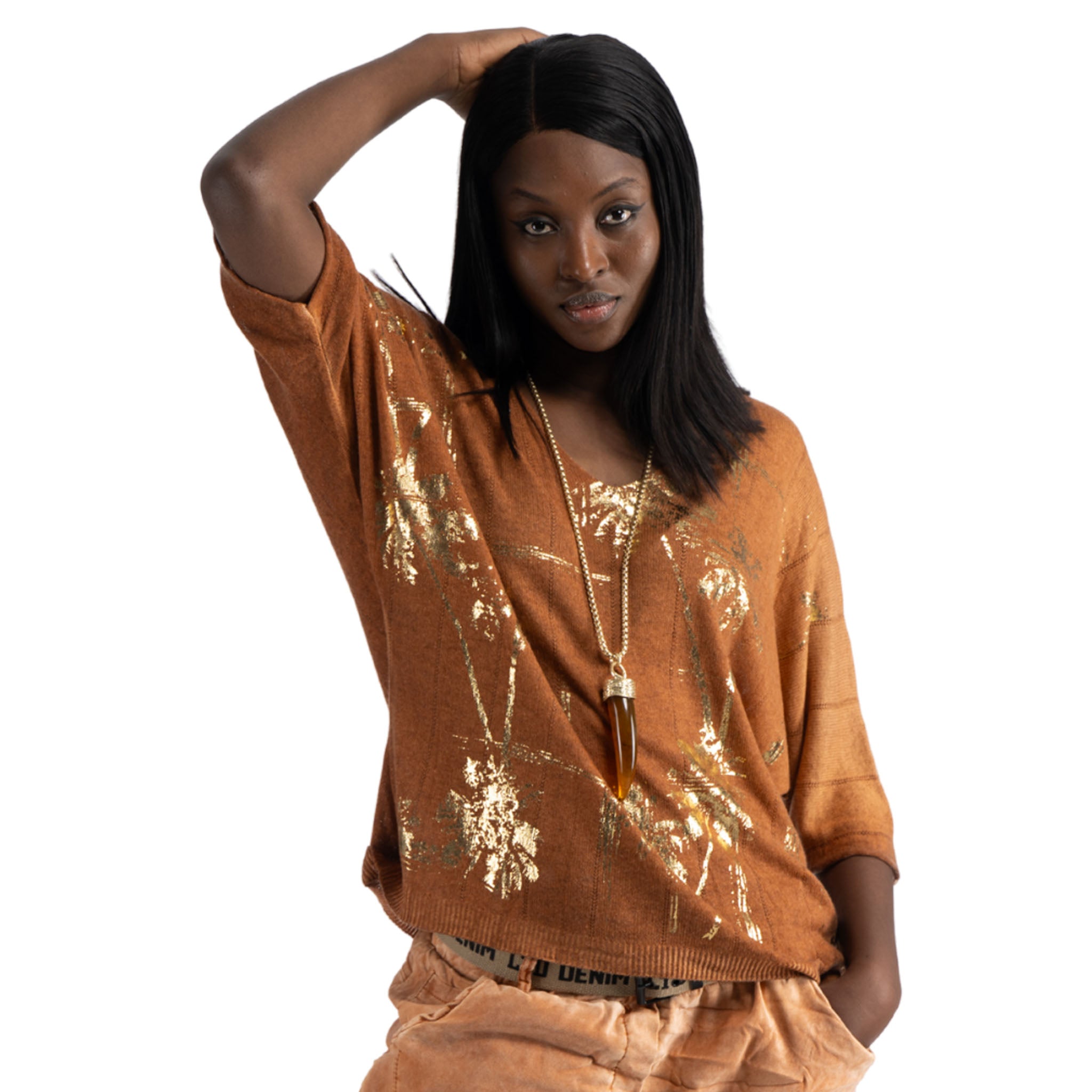 Gold foil print batwing top