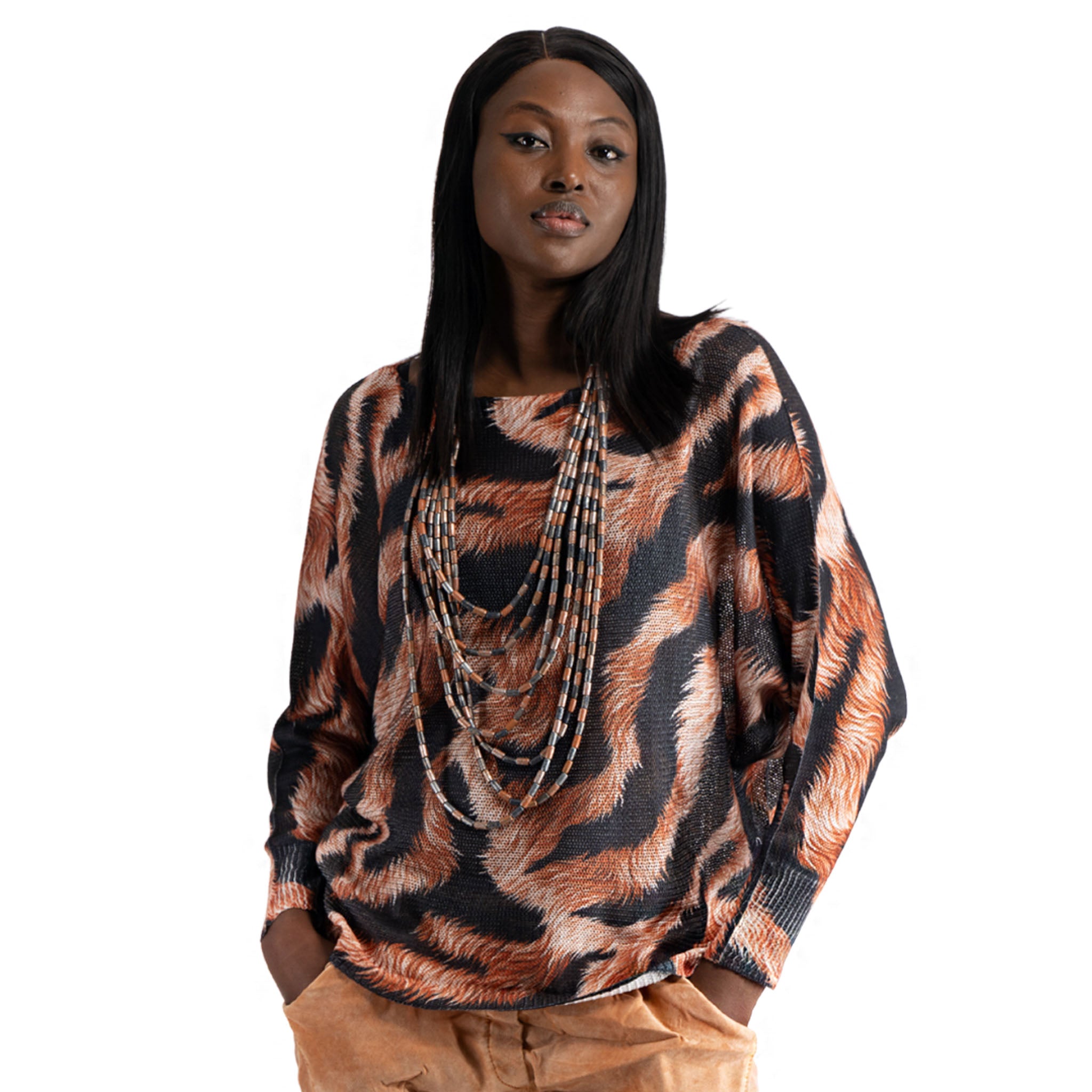 Tiger print batwing knit top