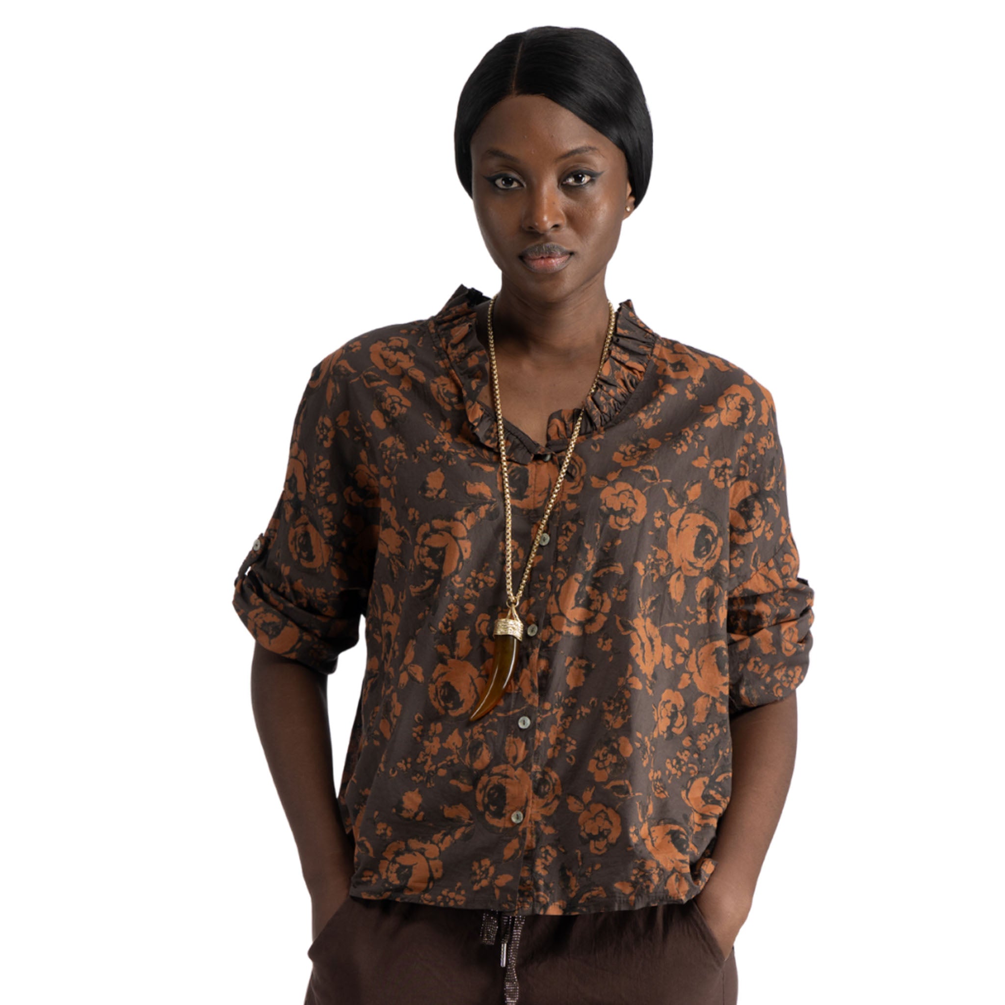 Frill collar rose print shirt