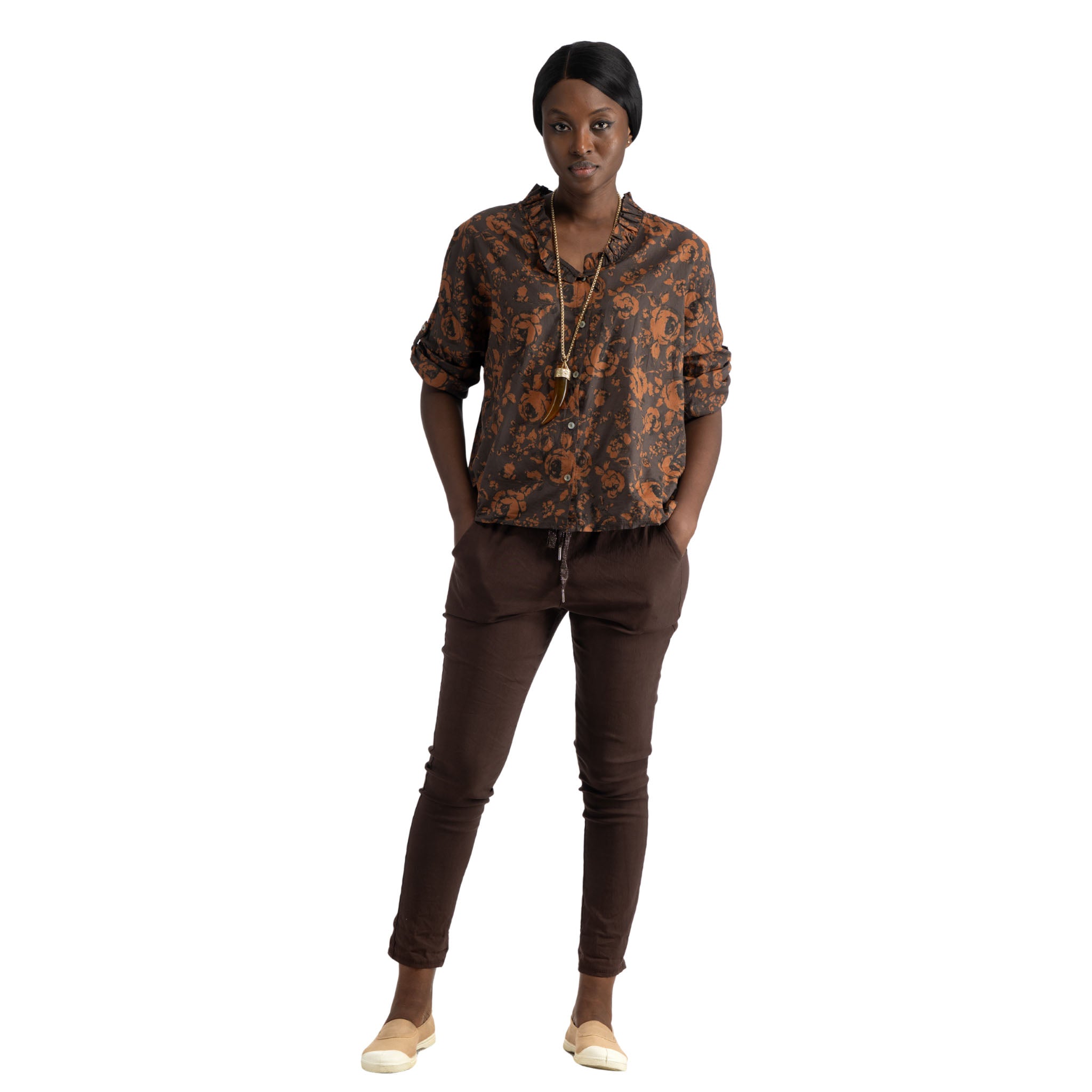 Frill collar rose print shirt