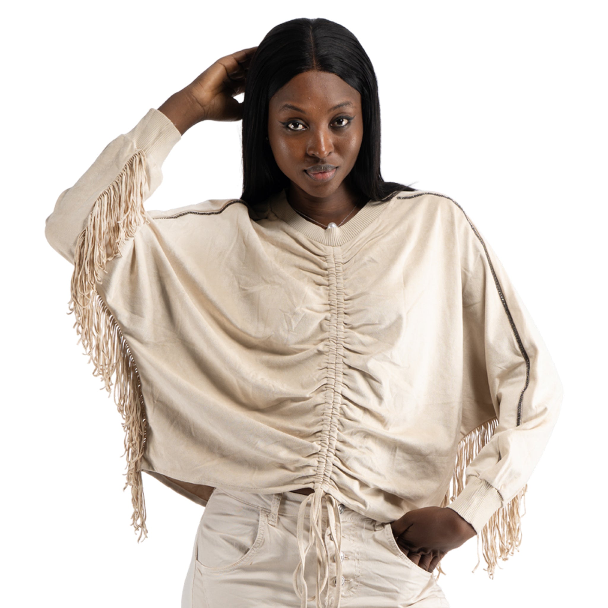 Fringe detail suede batwing top