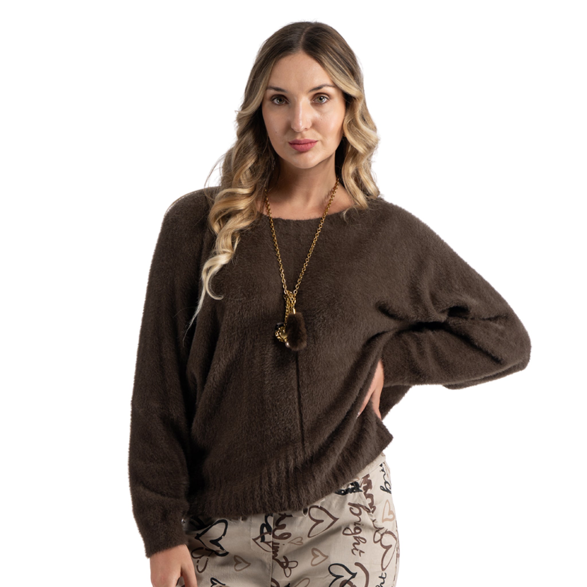 Fluffy batwing knit top