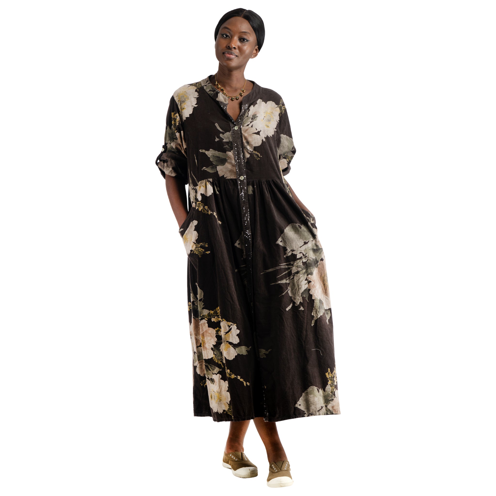 Sequin trim floral print corduroy dress