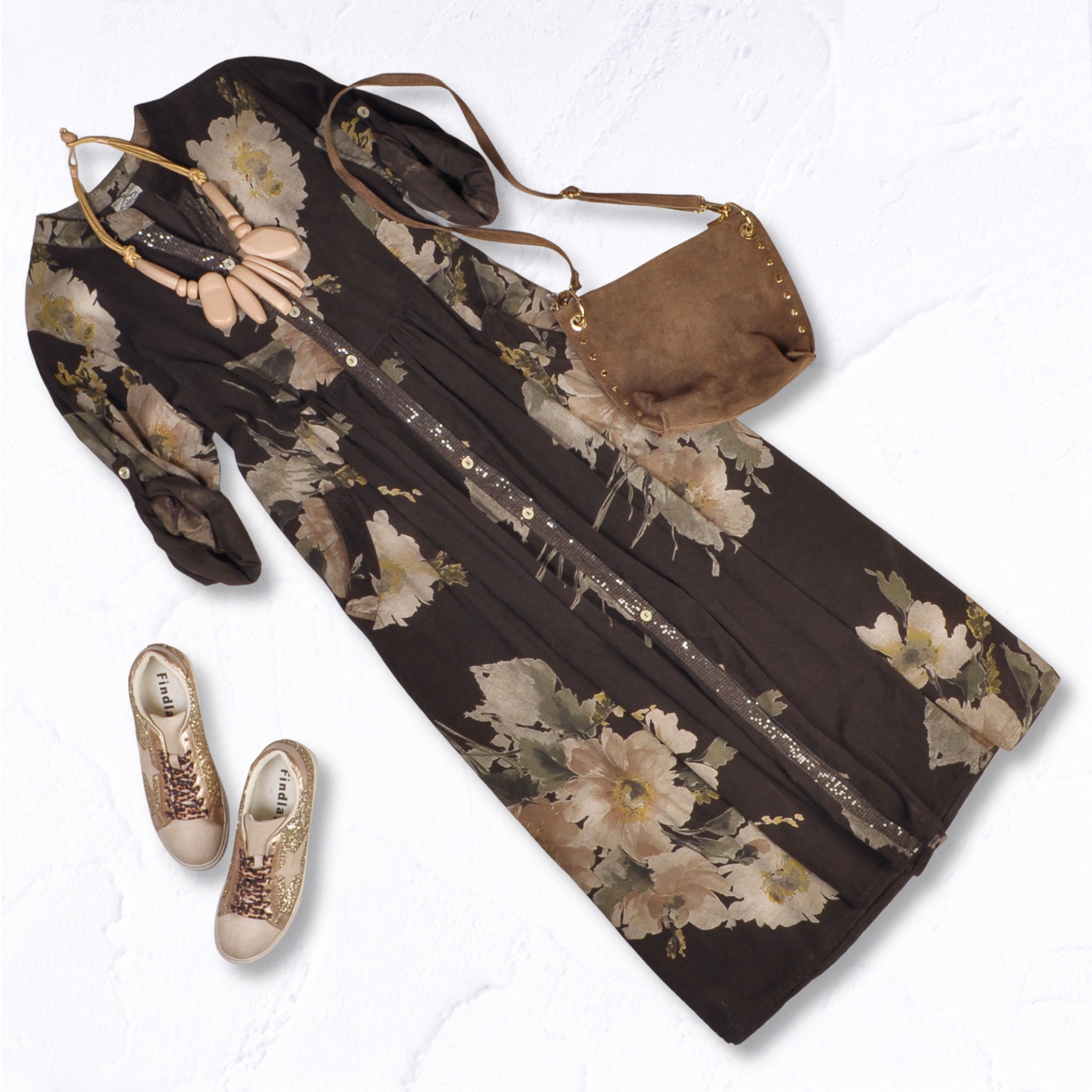 Sequin trim floral print corduroy dress