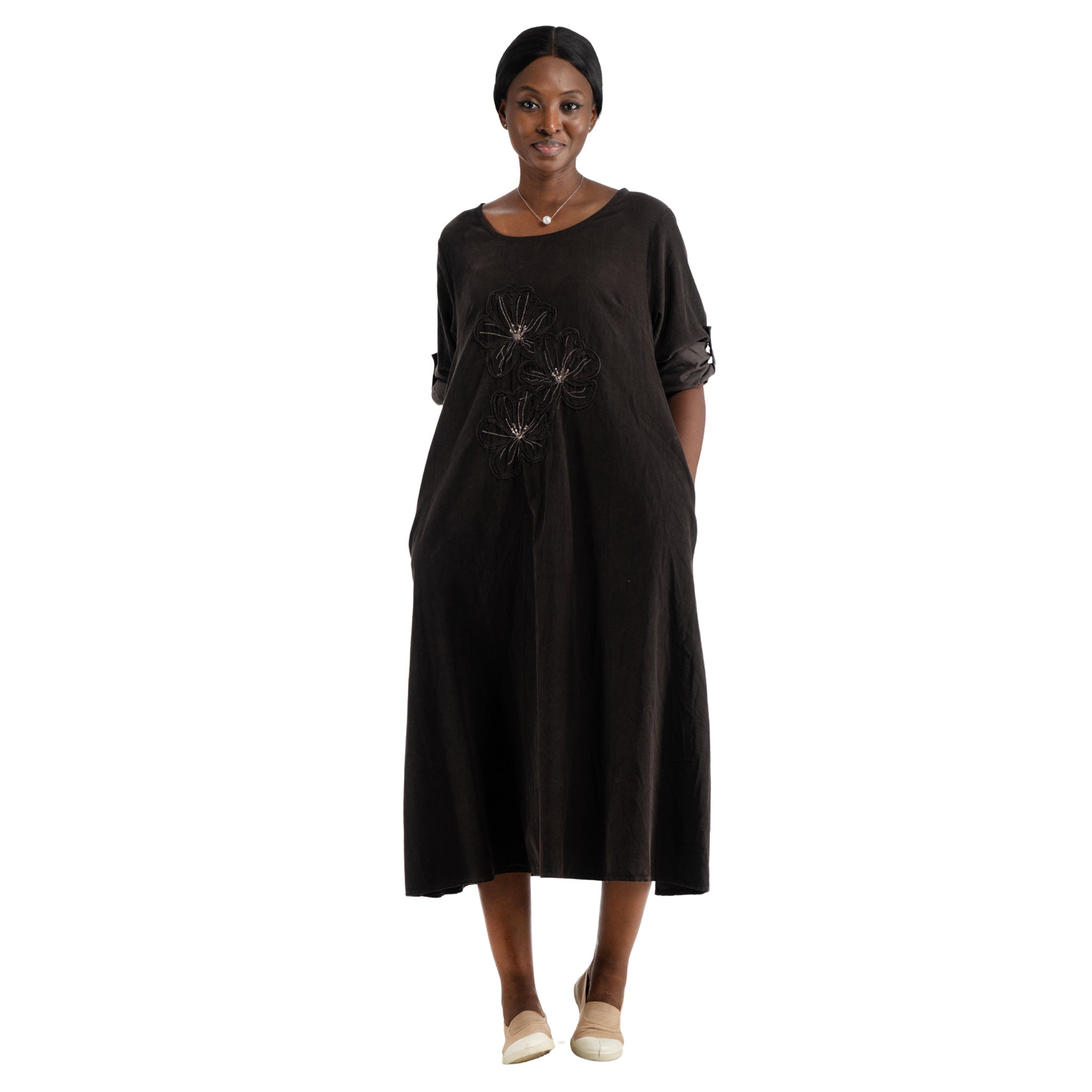 Embroidered cornelli flower corduroy dress