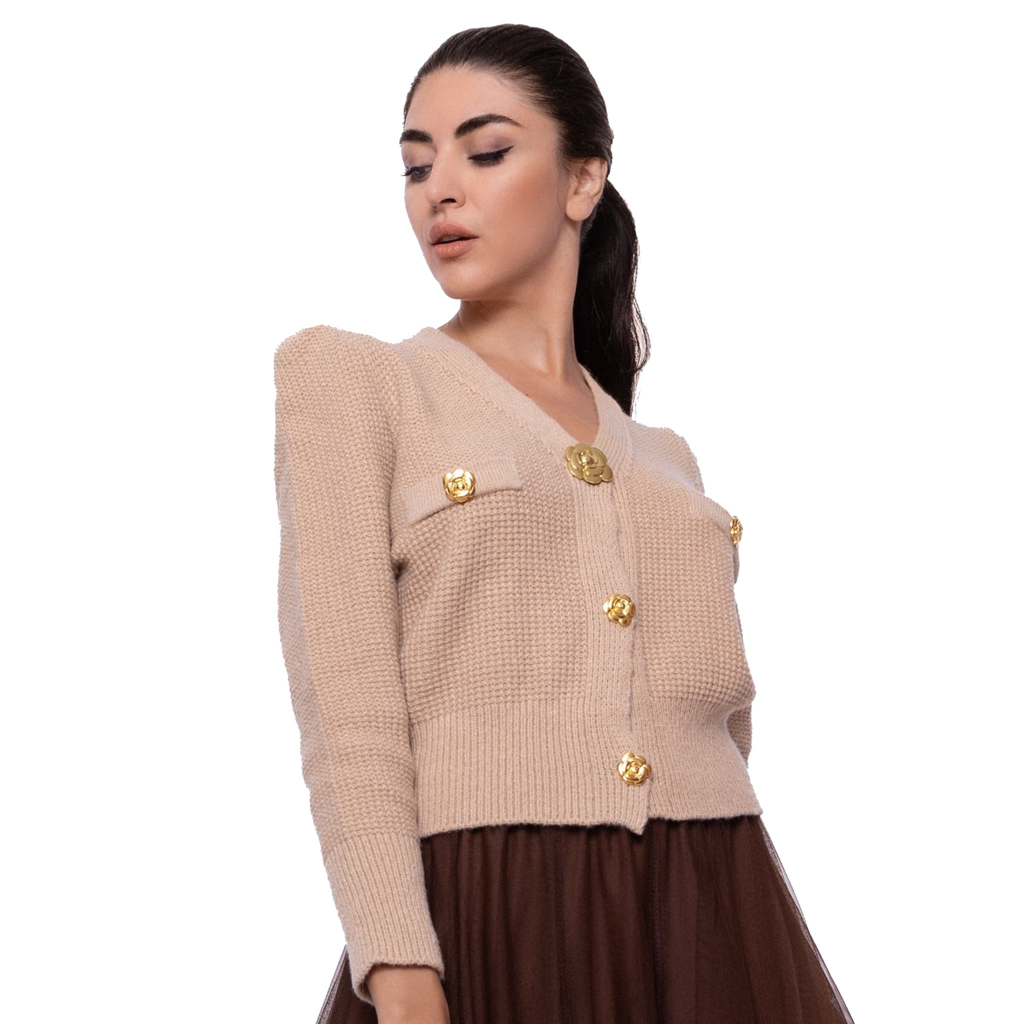 Gold flower button waffle knit cardi