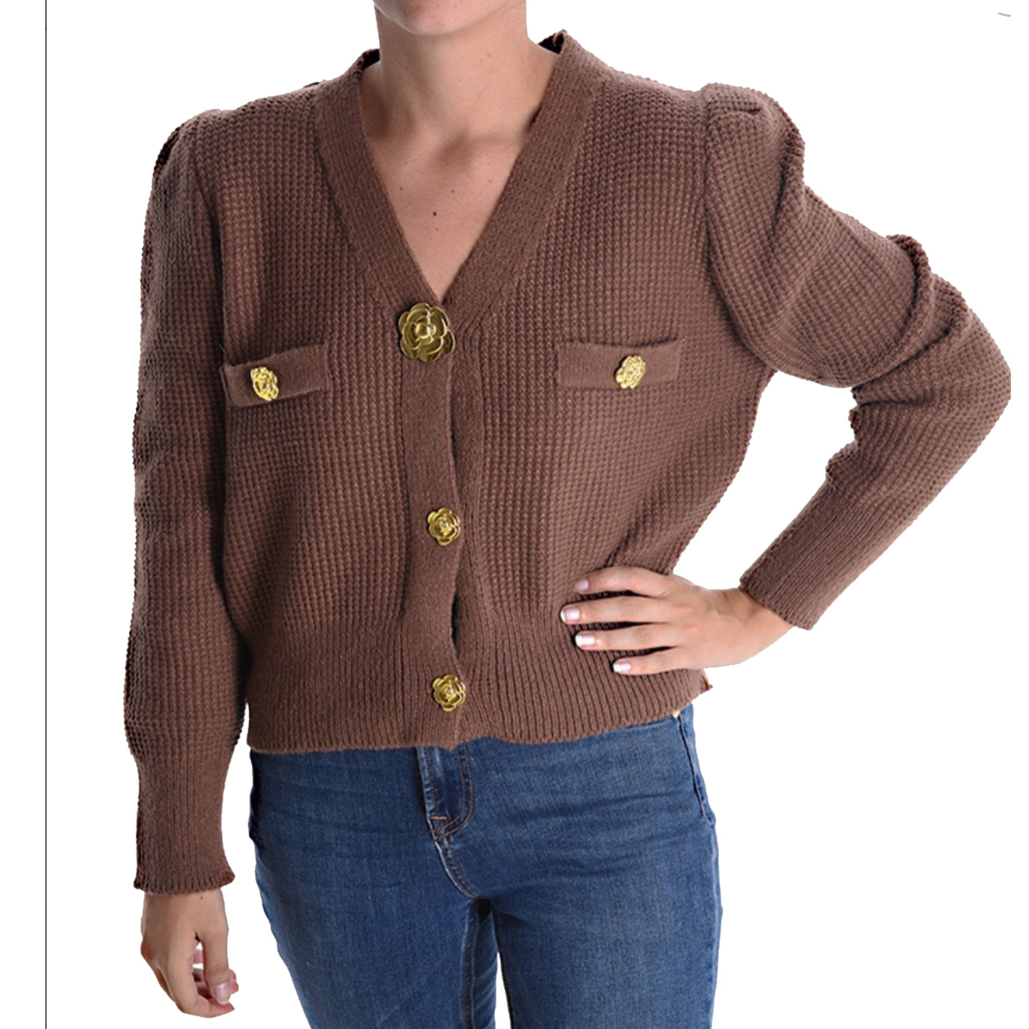 Gold flower button waffle knit cardi