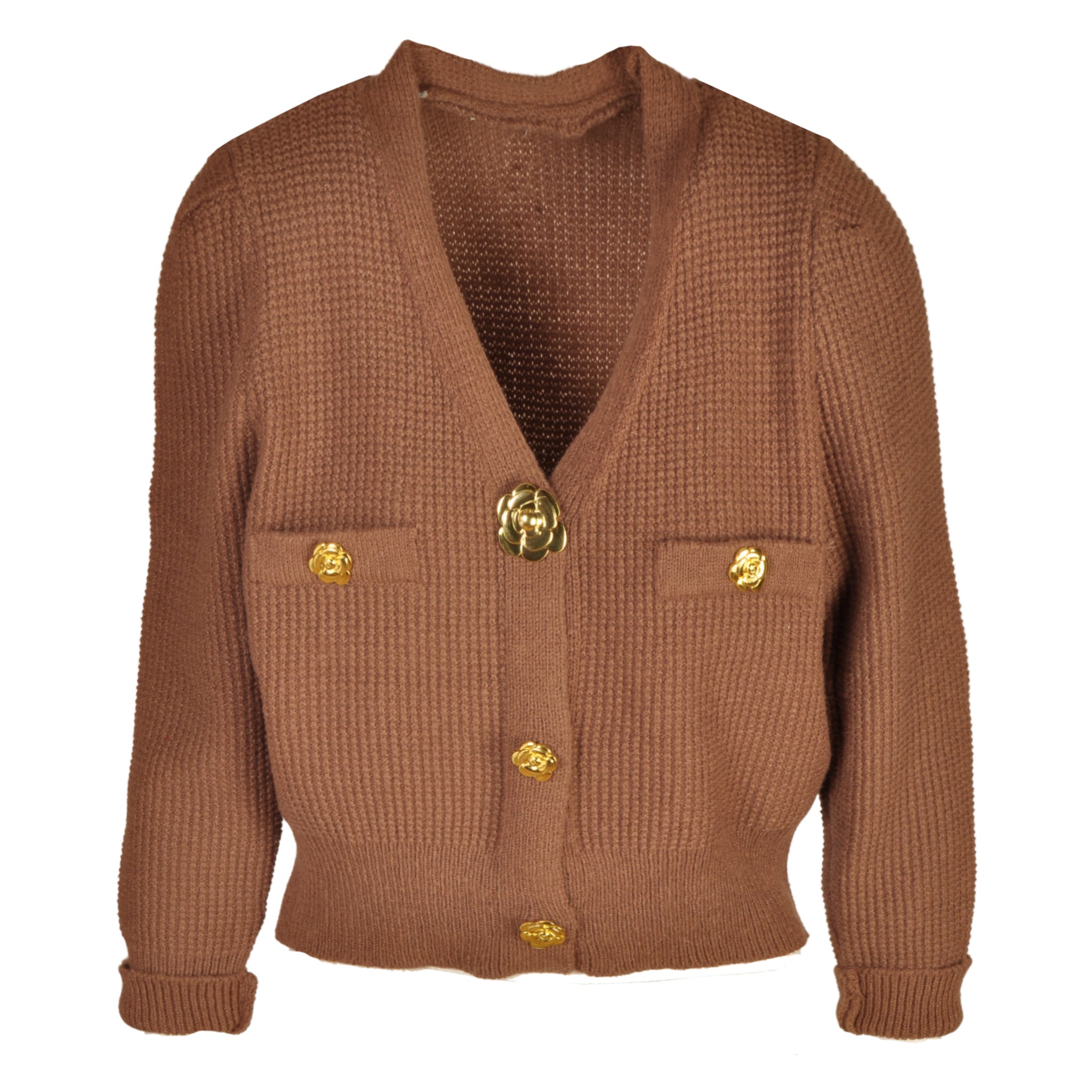 Gold flower button waffle knit cardi