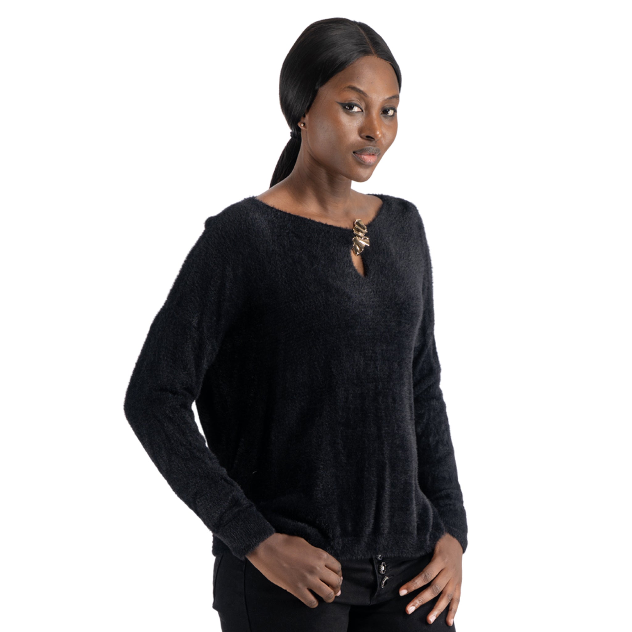 Gold brooch fluffy knit top