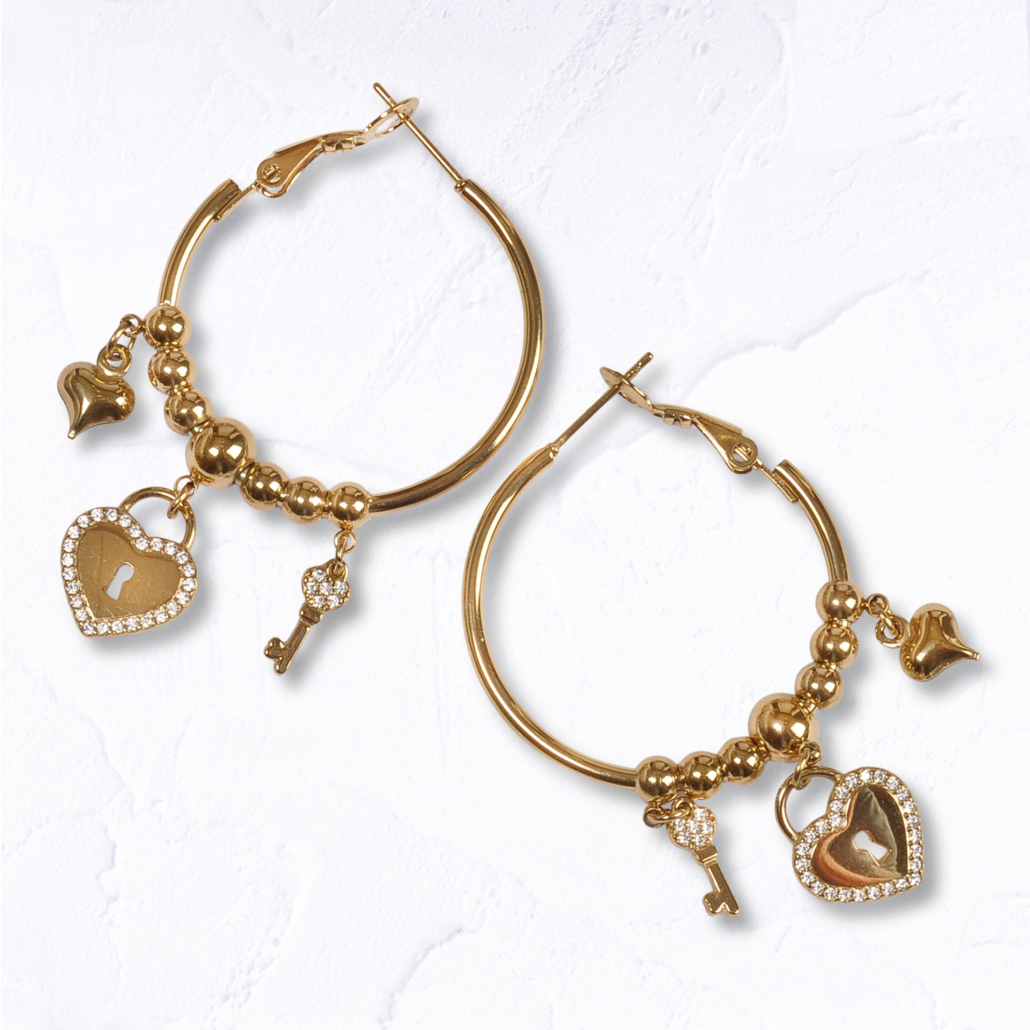 Diamant heaart lock and key earrings