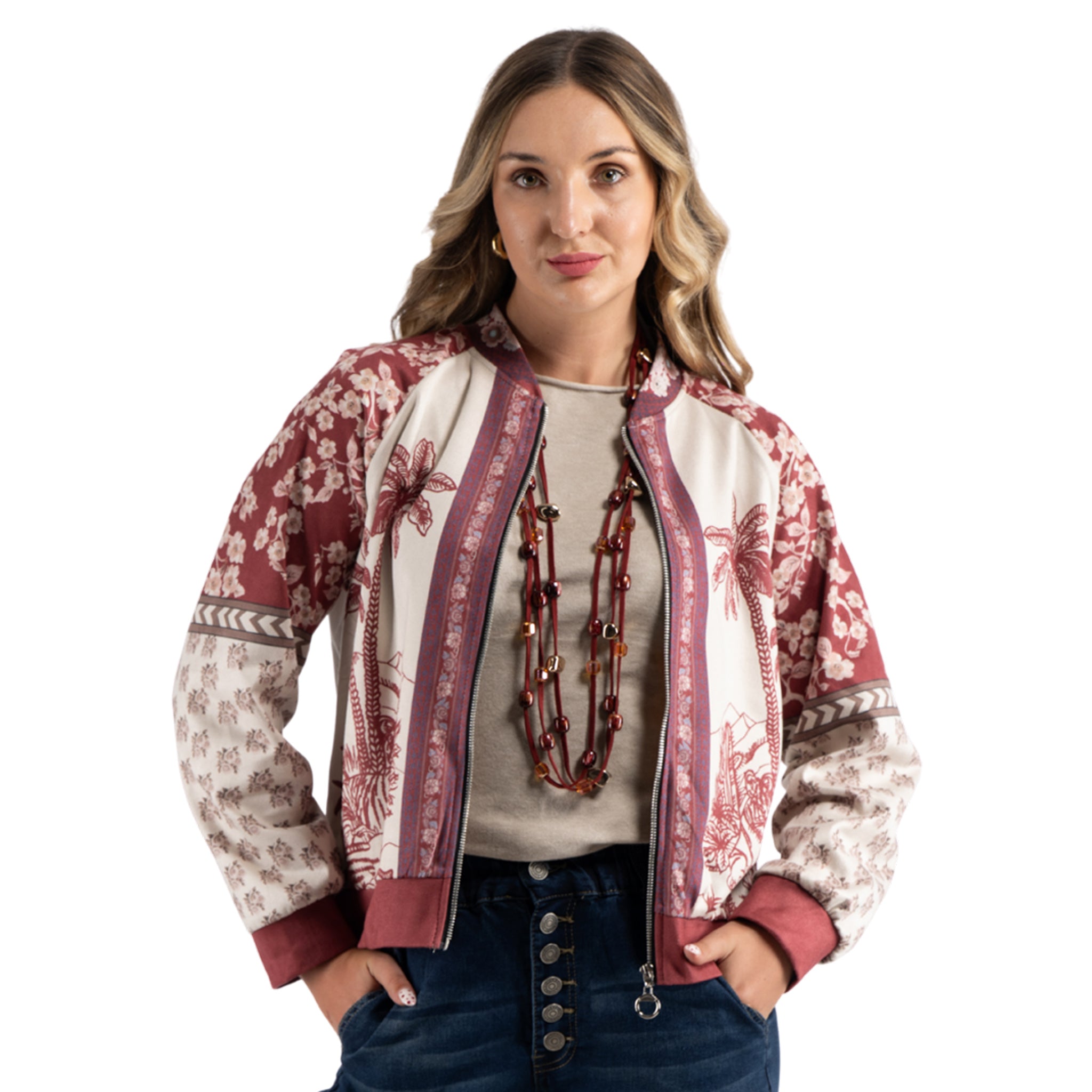 Palm tree flower print suede jacket