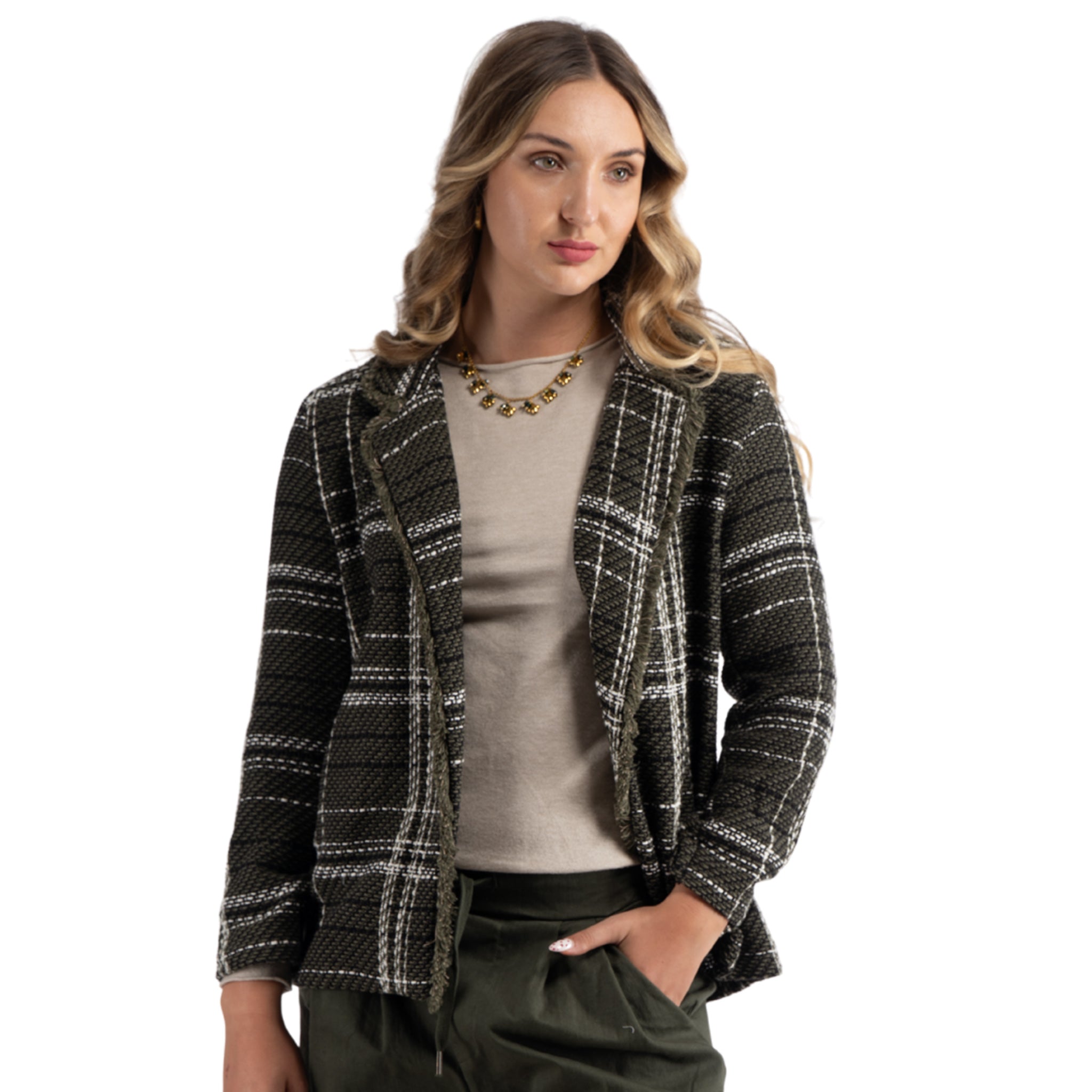 Frayed edge check blazer