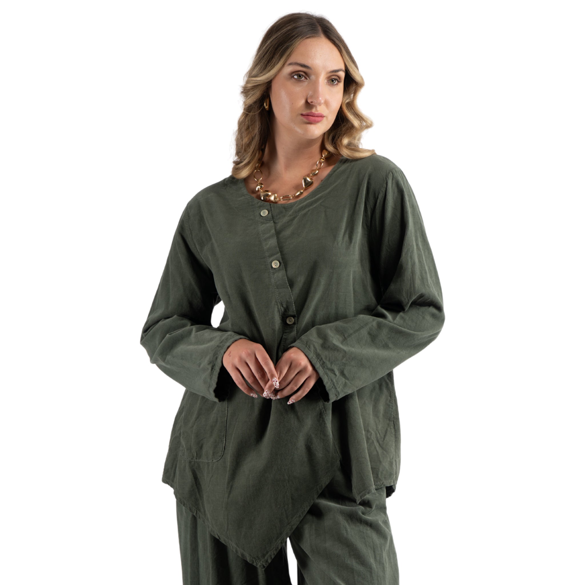 Assymetrical button corduroy pointy top