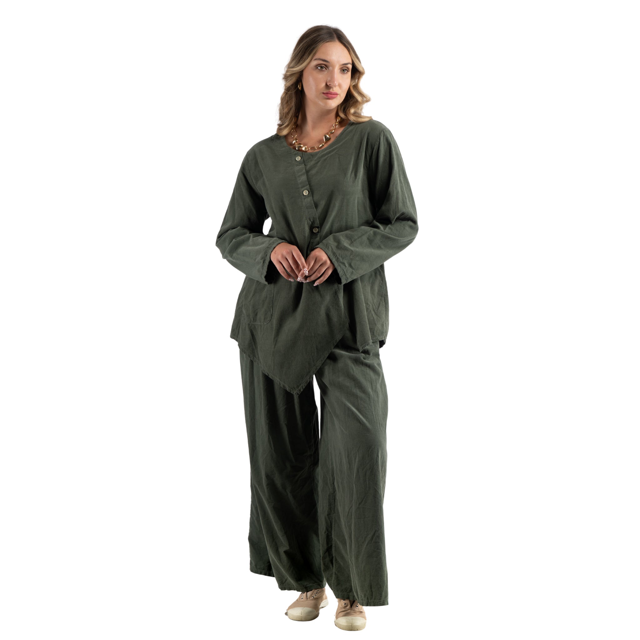 Assymetrical button corduroy pointy top