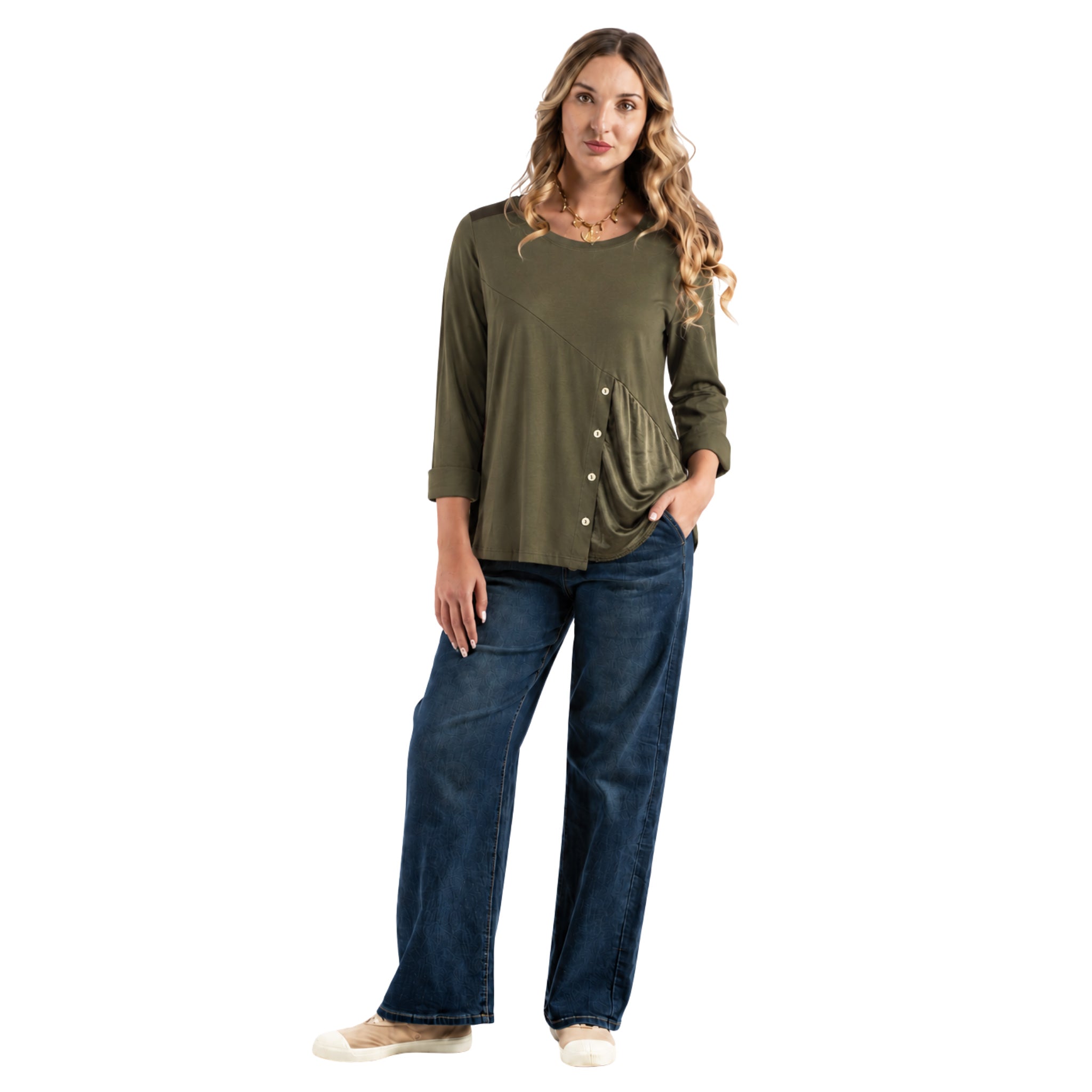 Asymmetrical button silky patch panel top
