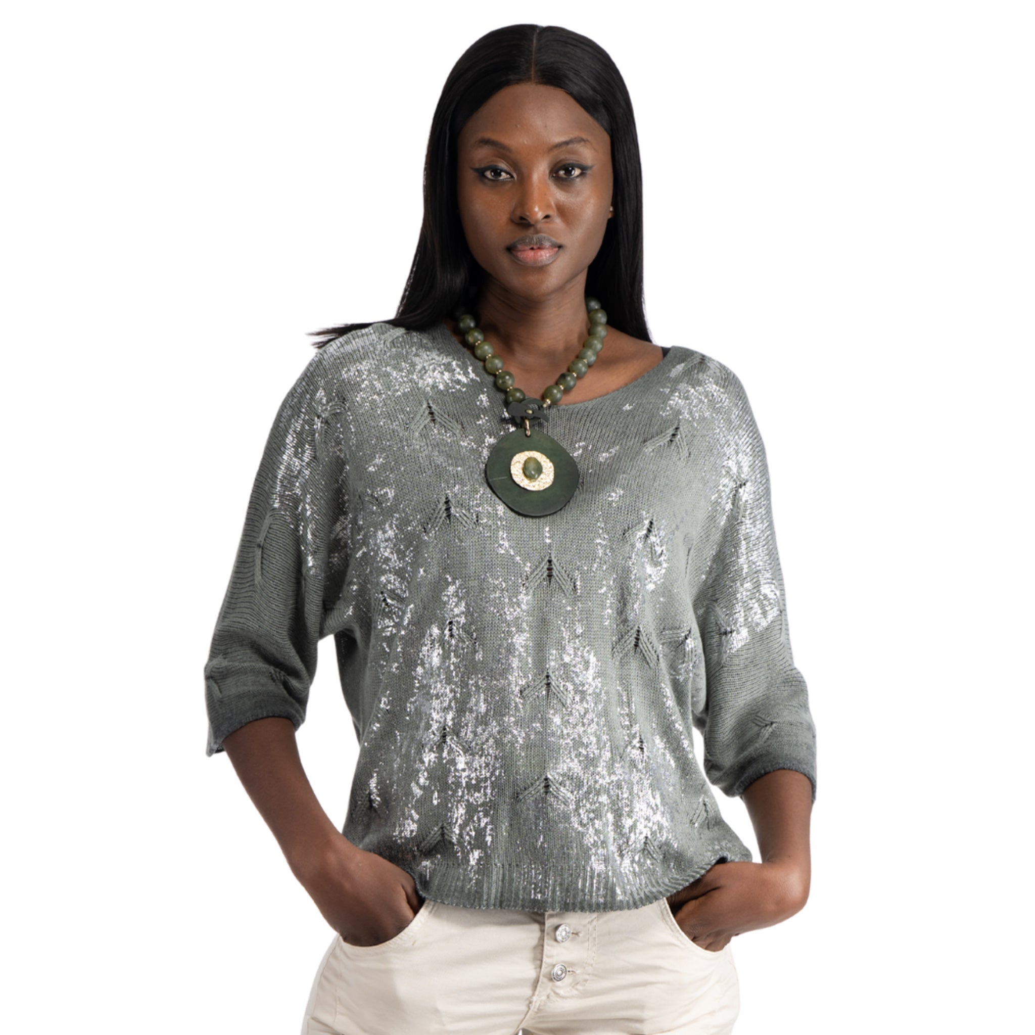Silver foil print overdyed top