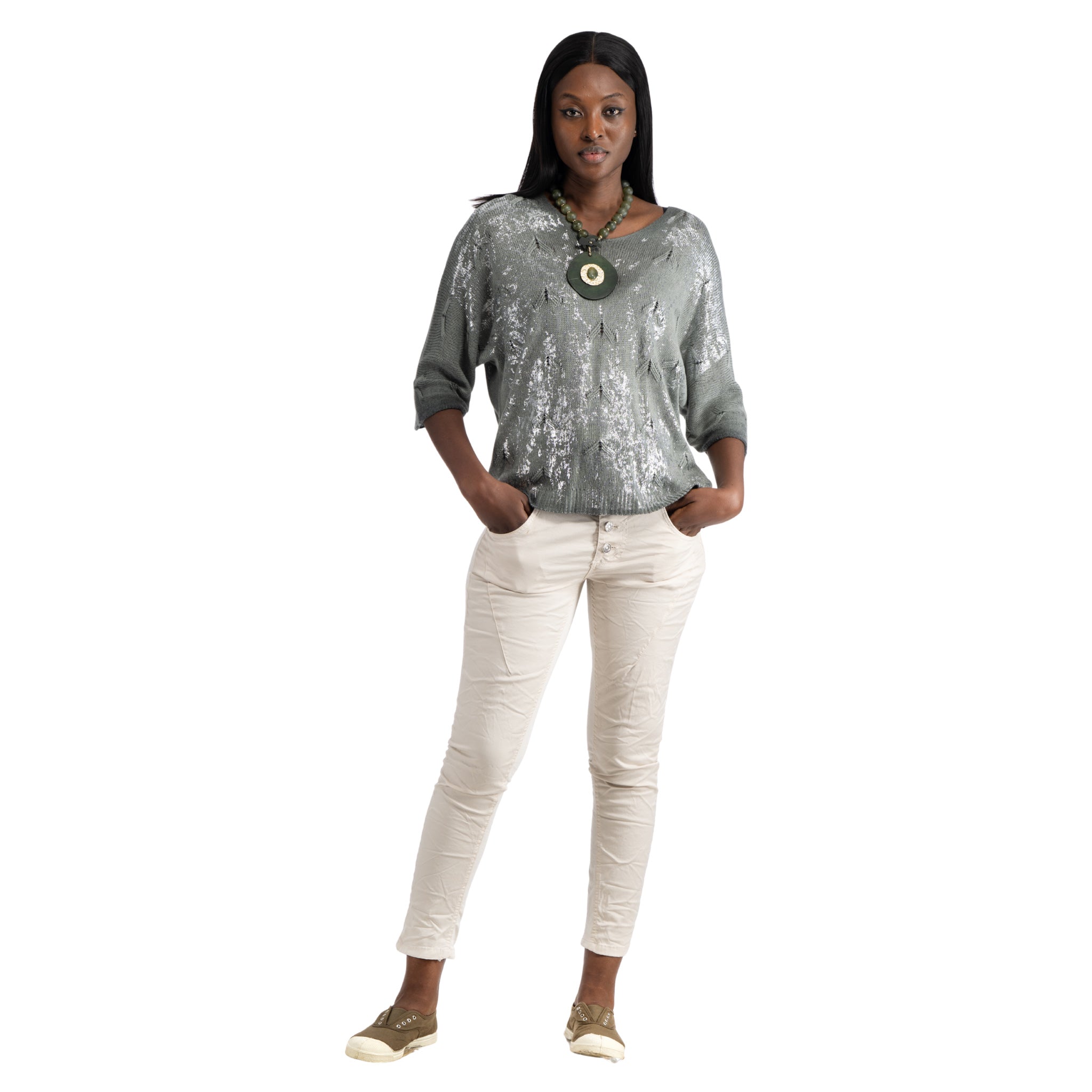 Silver foil print overdyed top