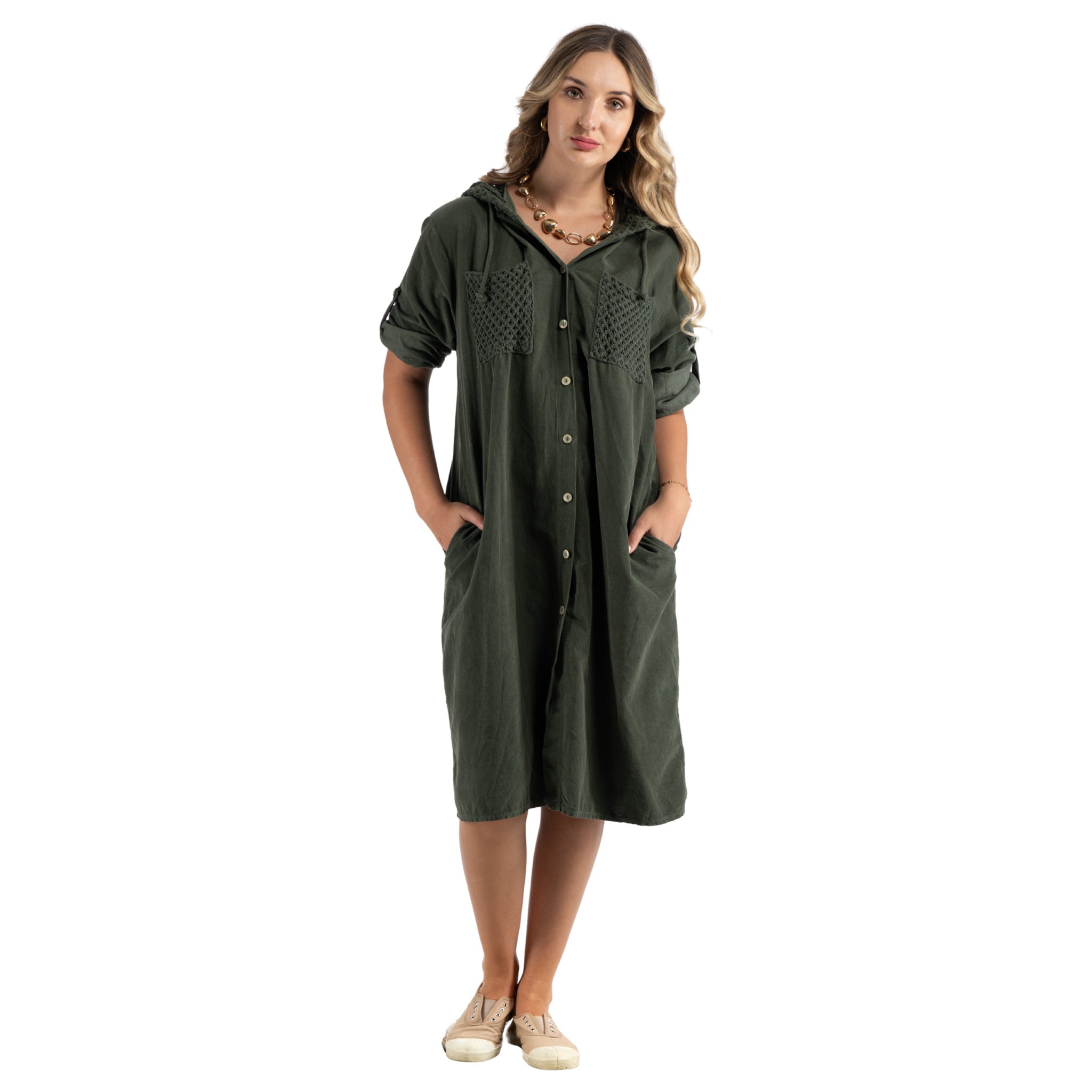 Crochet pocket corduroy hooded dress