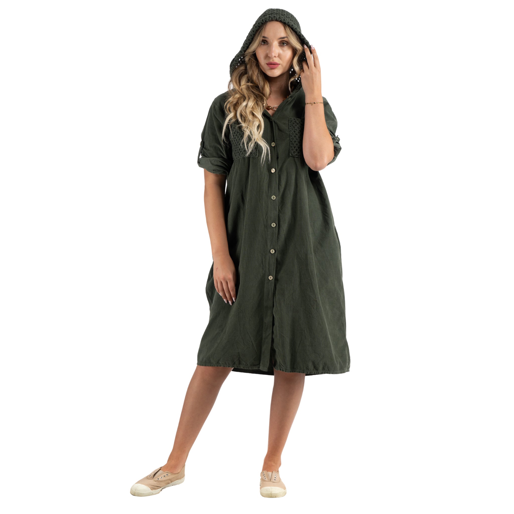 Crochet pocket corduroy hooded dress