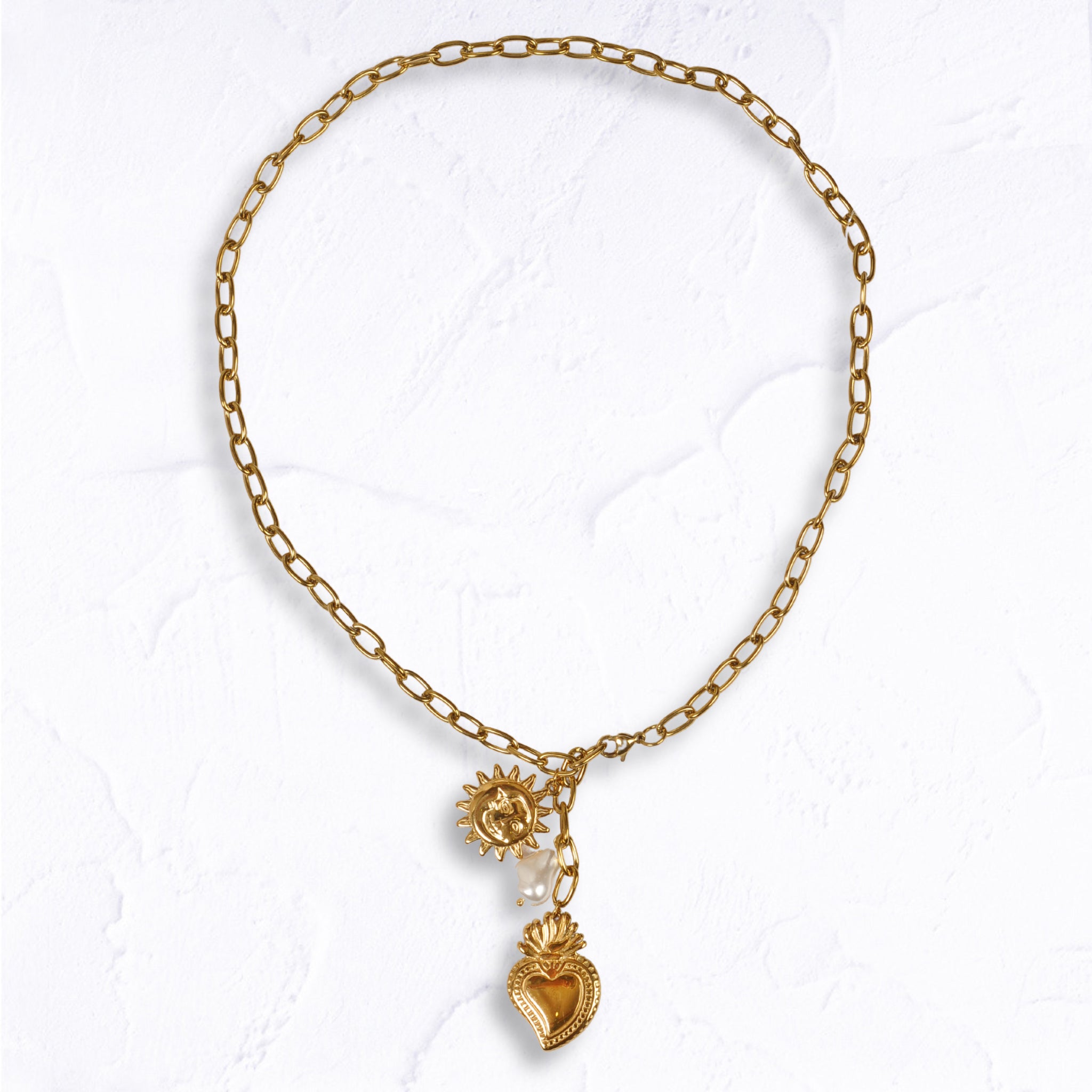 Sun heart pendant link chain necklace
