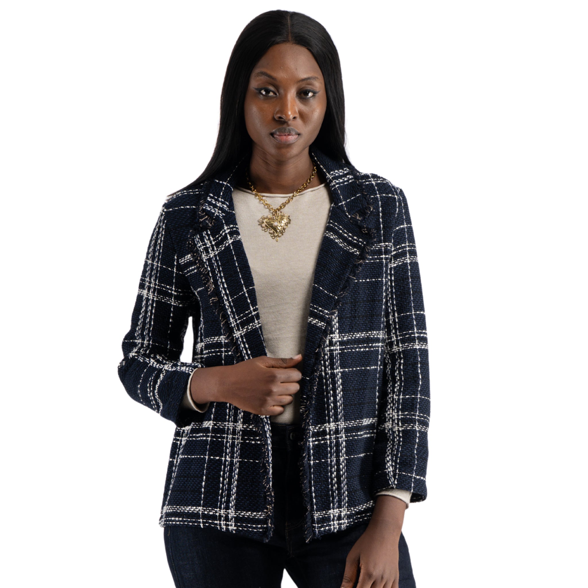 Frayed edge check blazer