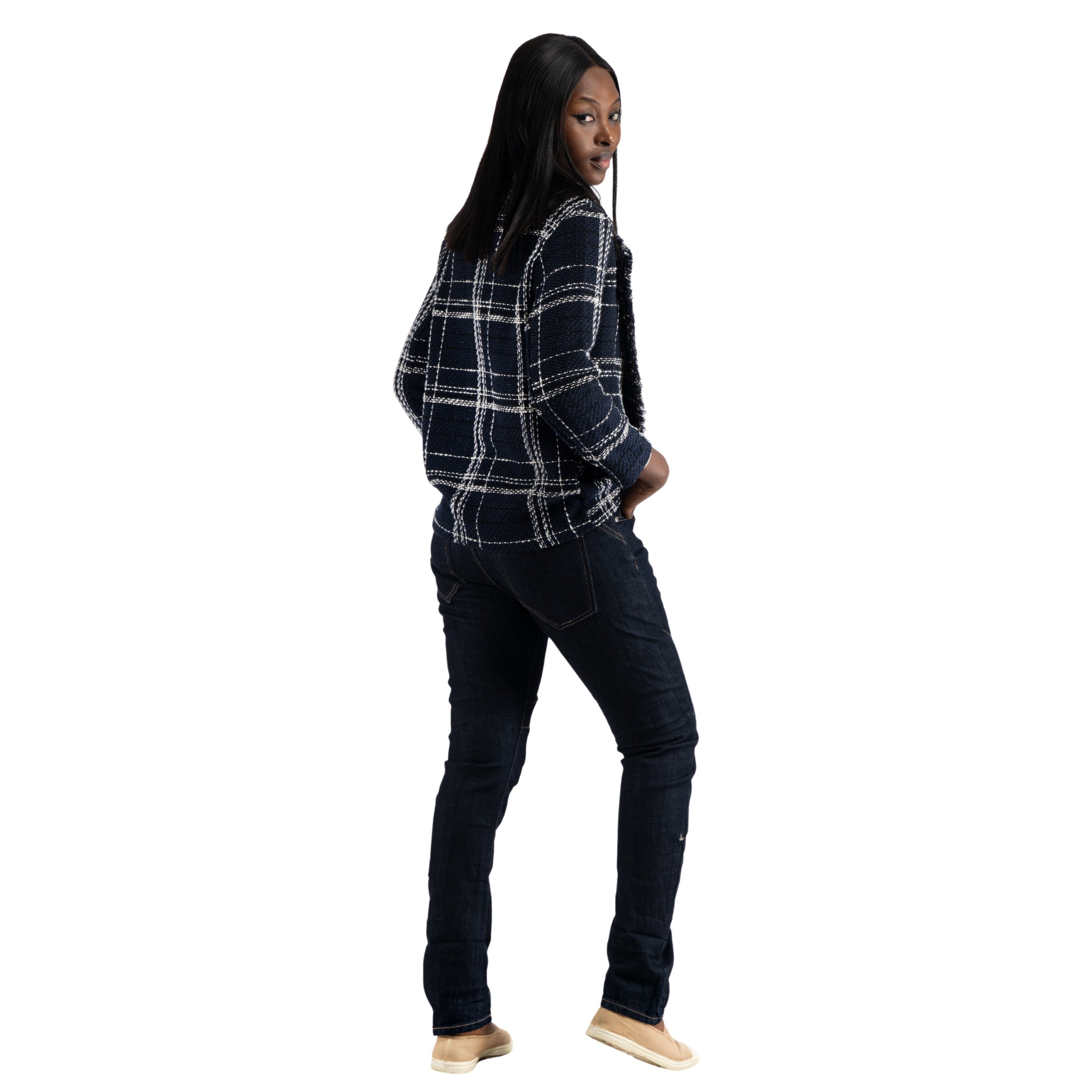 Frayed edge check blazer