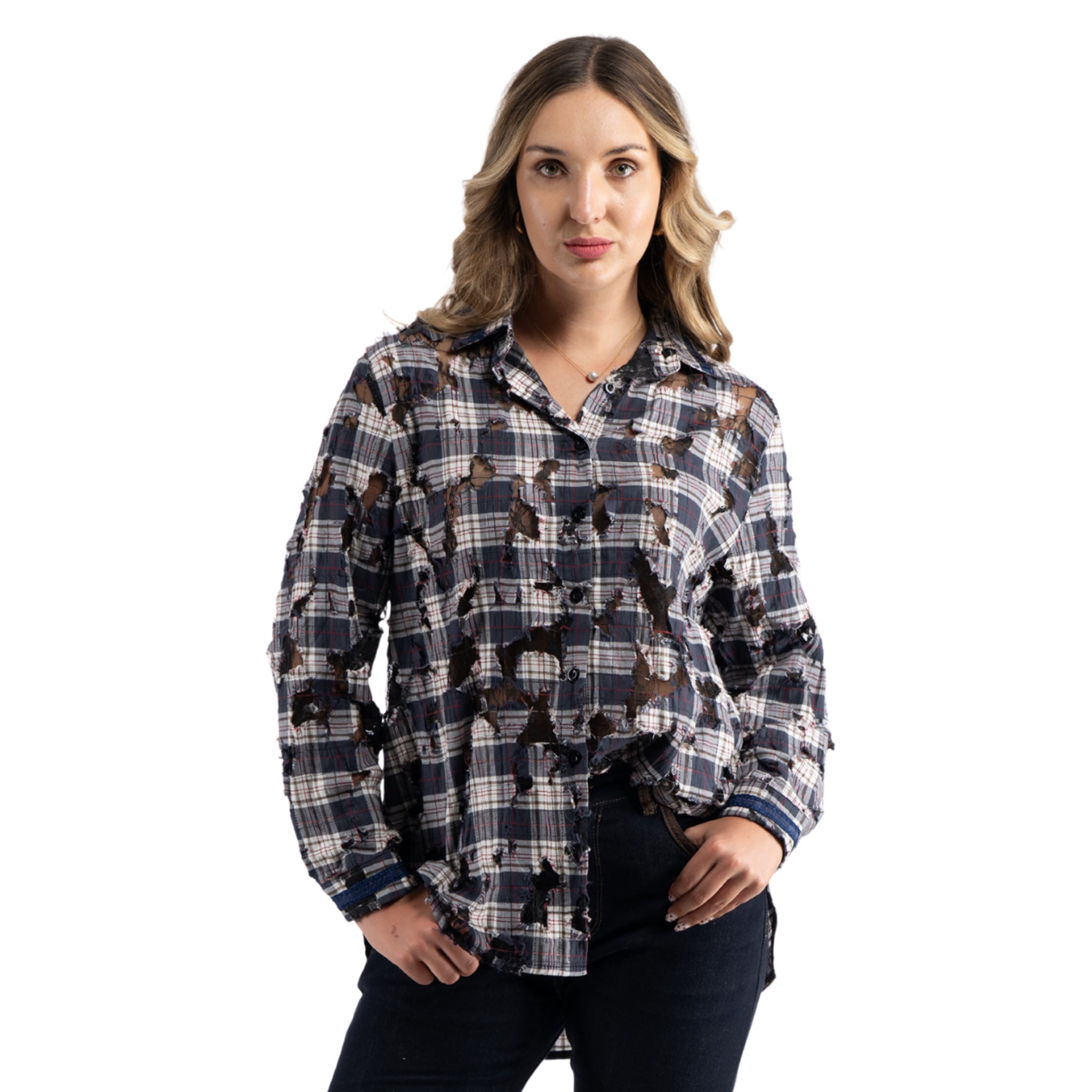 Torn lace oversized check shirt