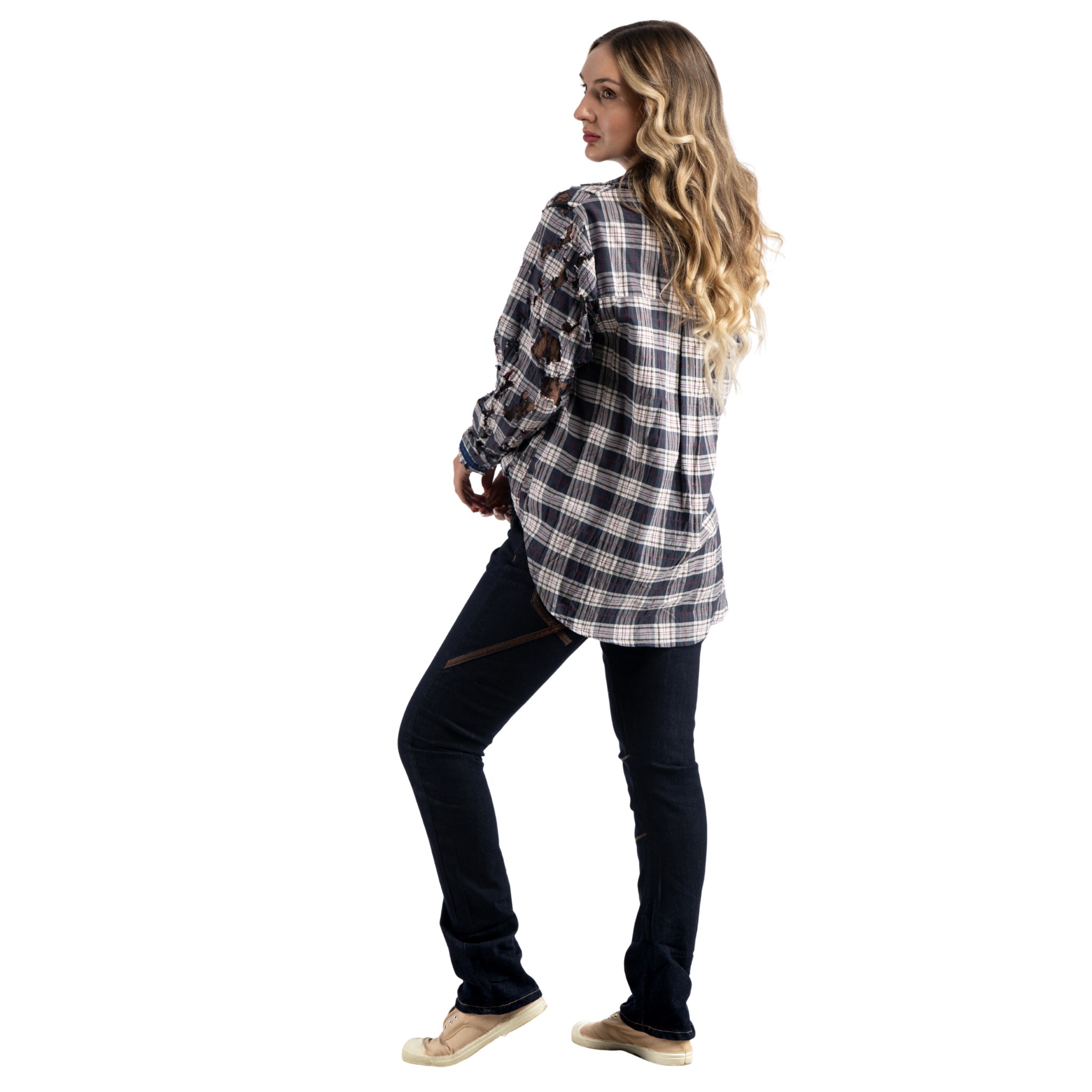 Torn lace oversized check shirt