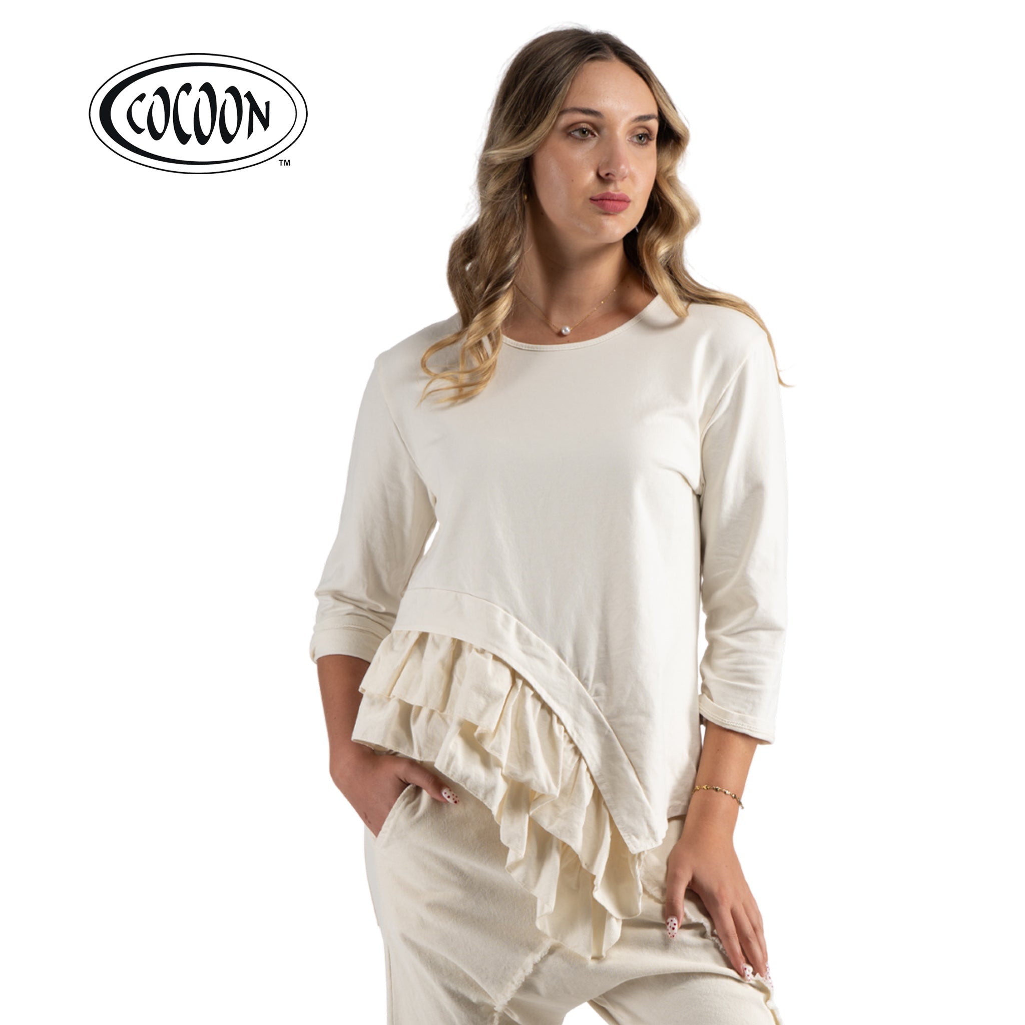 Cocoon asymmetric frill corduroy sweat top