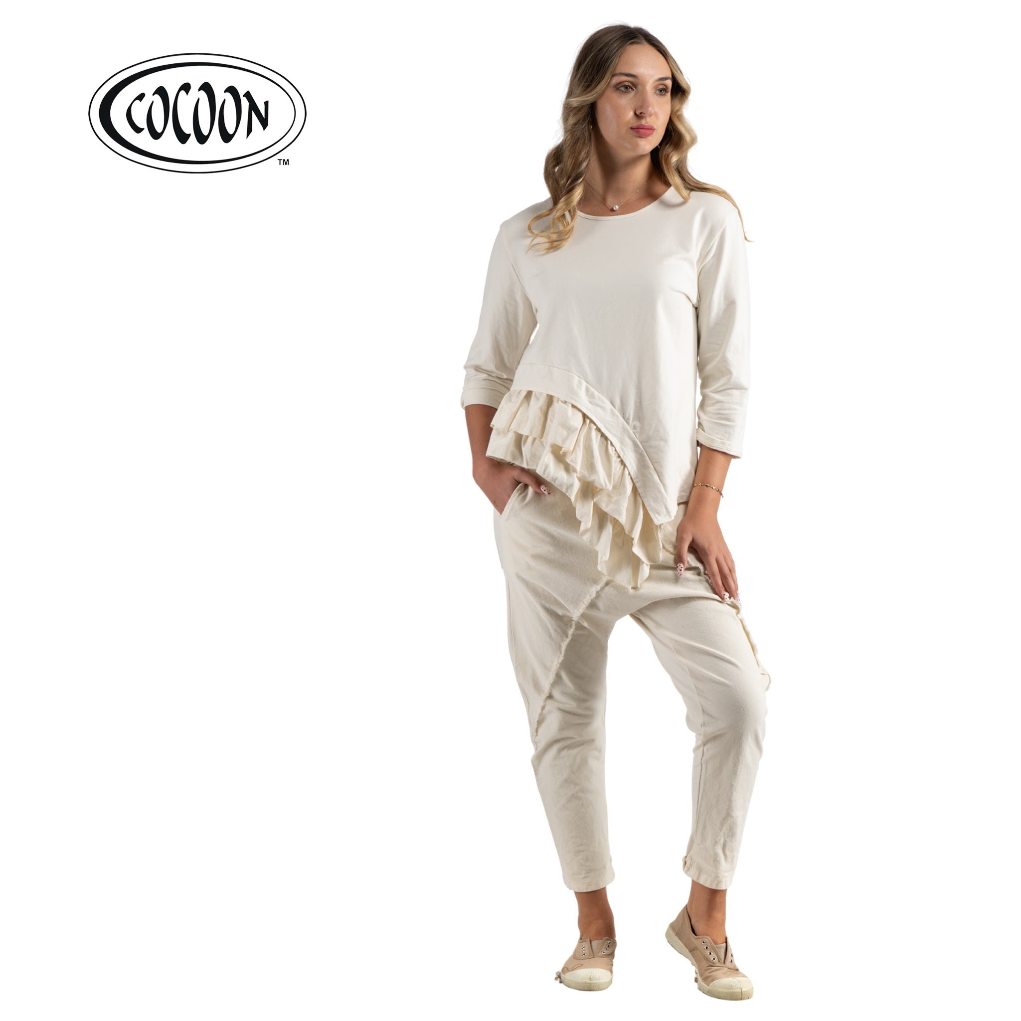 Cocoon asymmetric frill corduroy sweat top