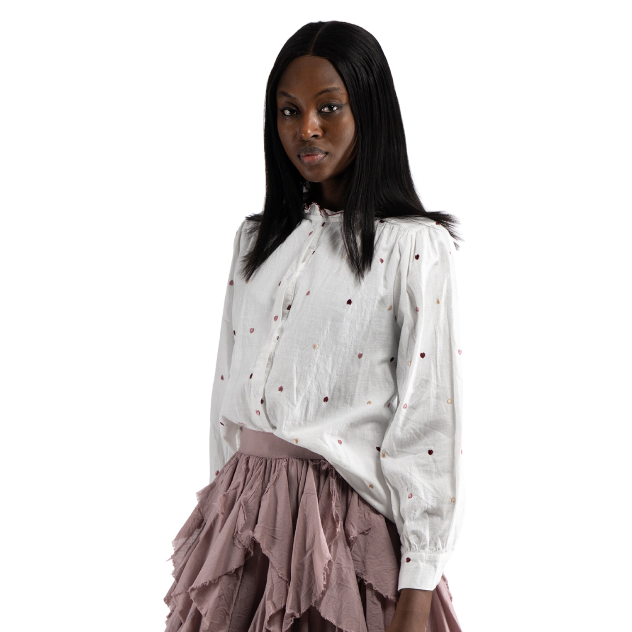 Frill collar embroidered multi heart shirt