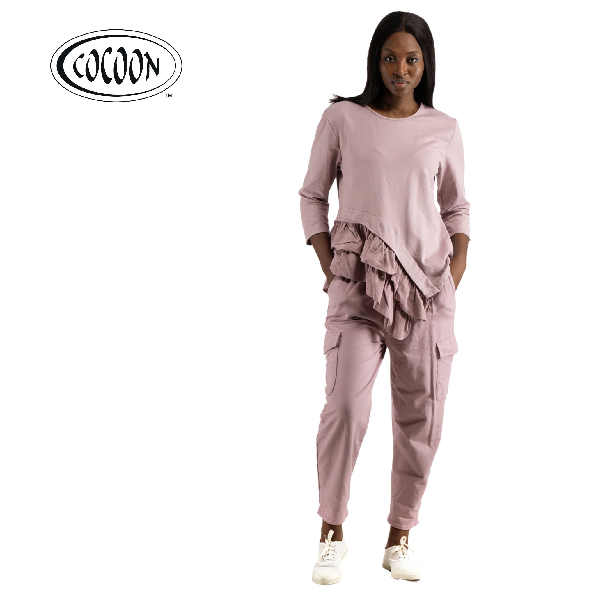 Cocoon asymmetric frill corduroy sweat top