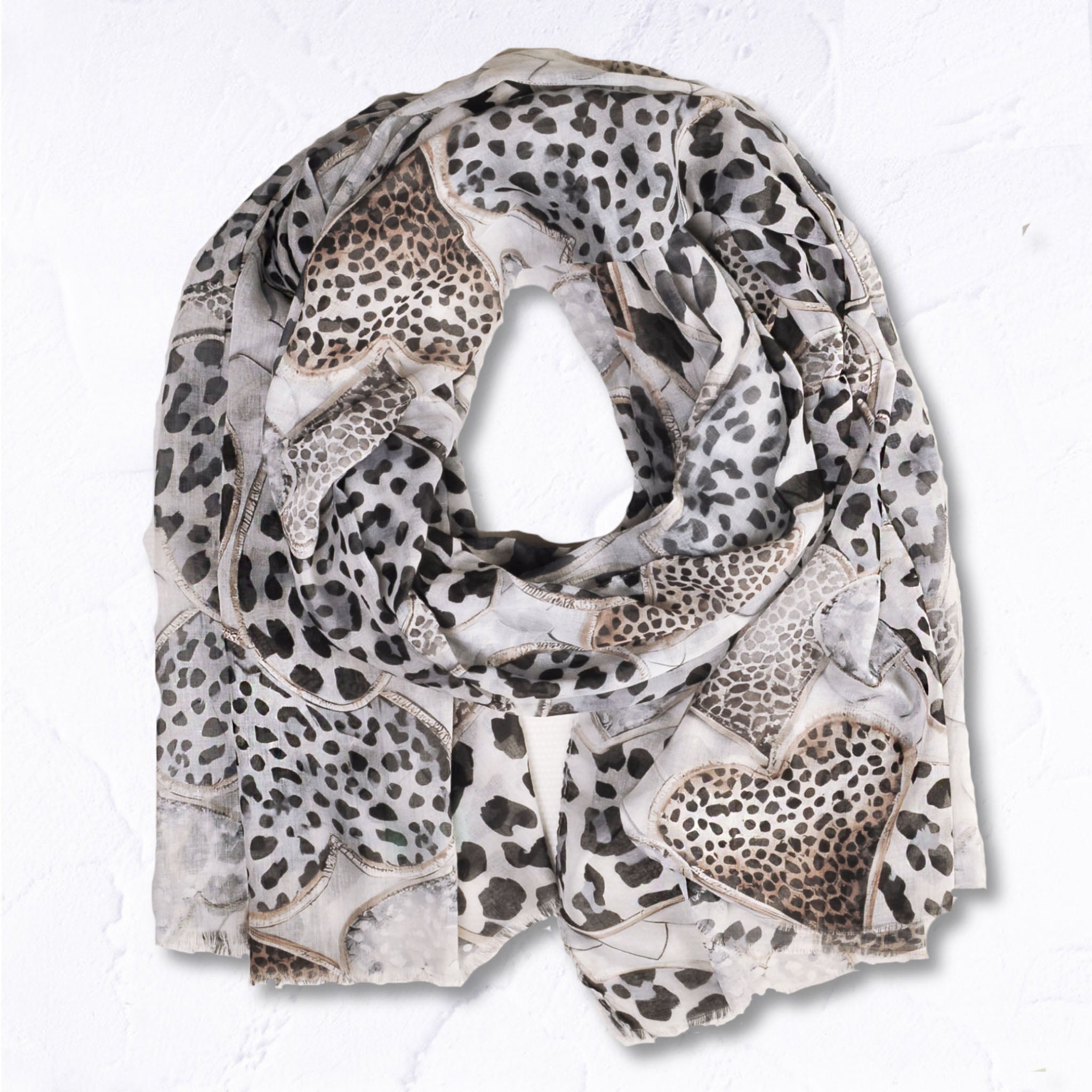 Multi animal print heart raw edge scarf