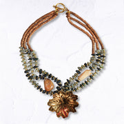 Gold leaf pendant layered beaaded necklace