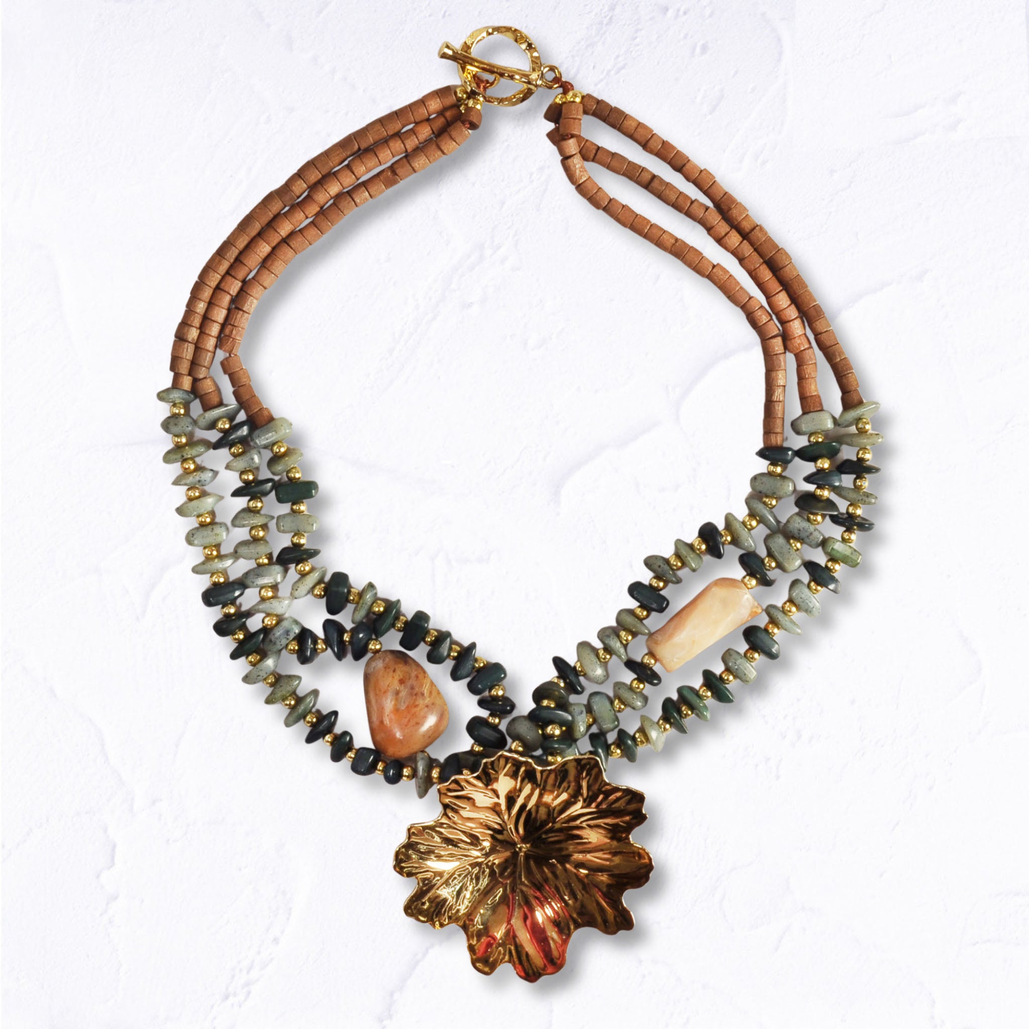 Gold leaf pendant layered beaaded necklace