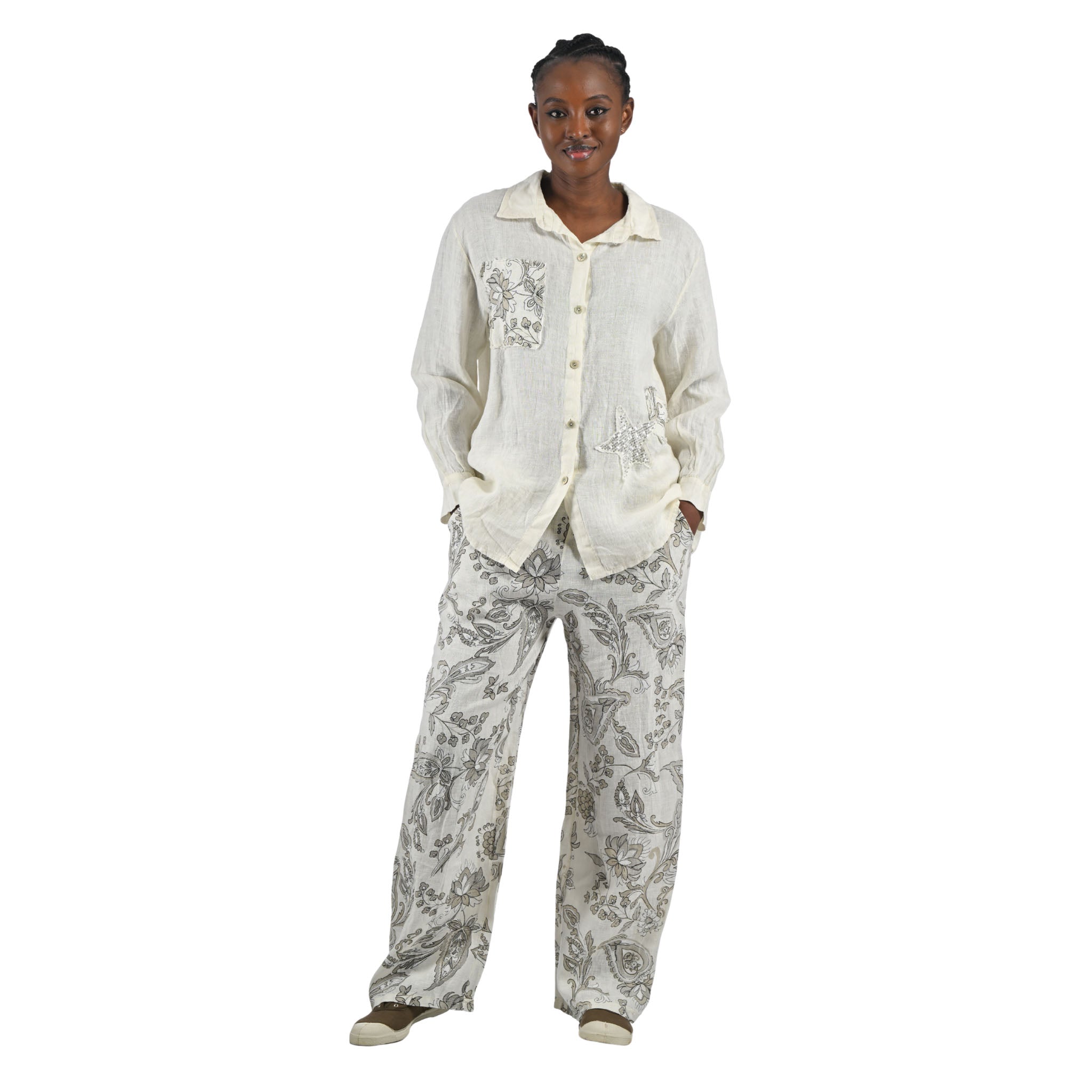 Sequin star heraldic print detail linen shirt