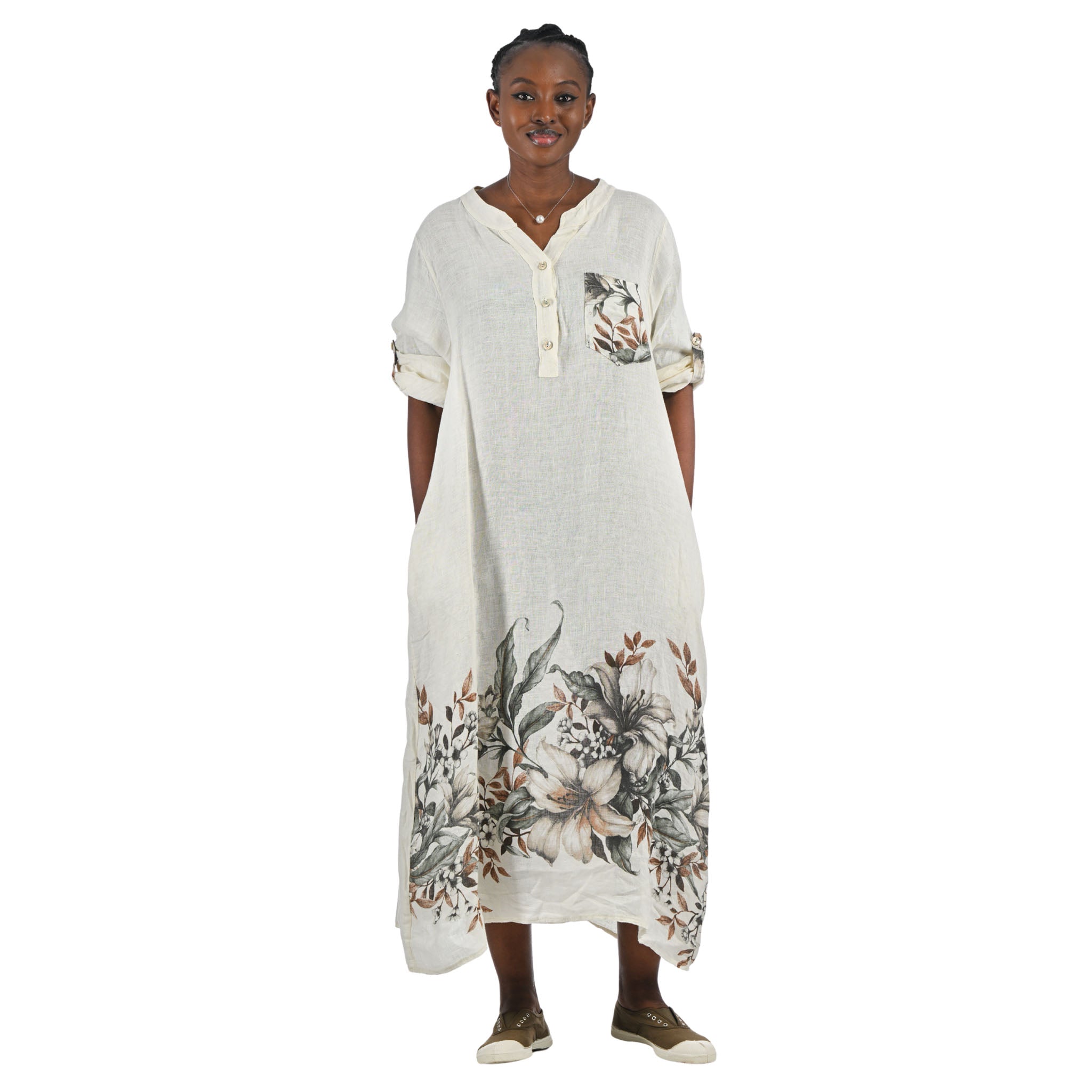 Floral border linen maxi dress