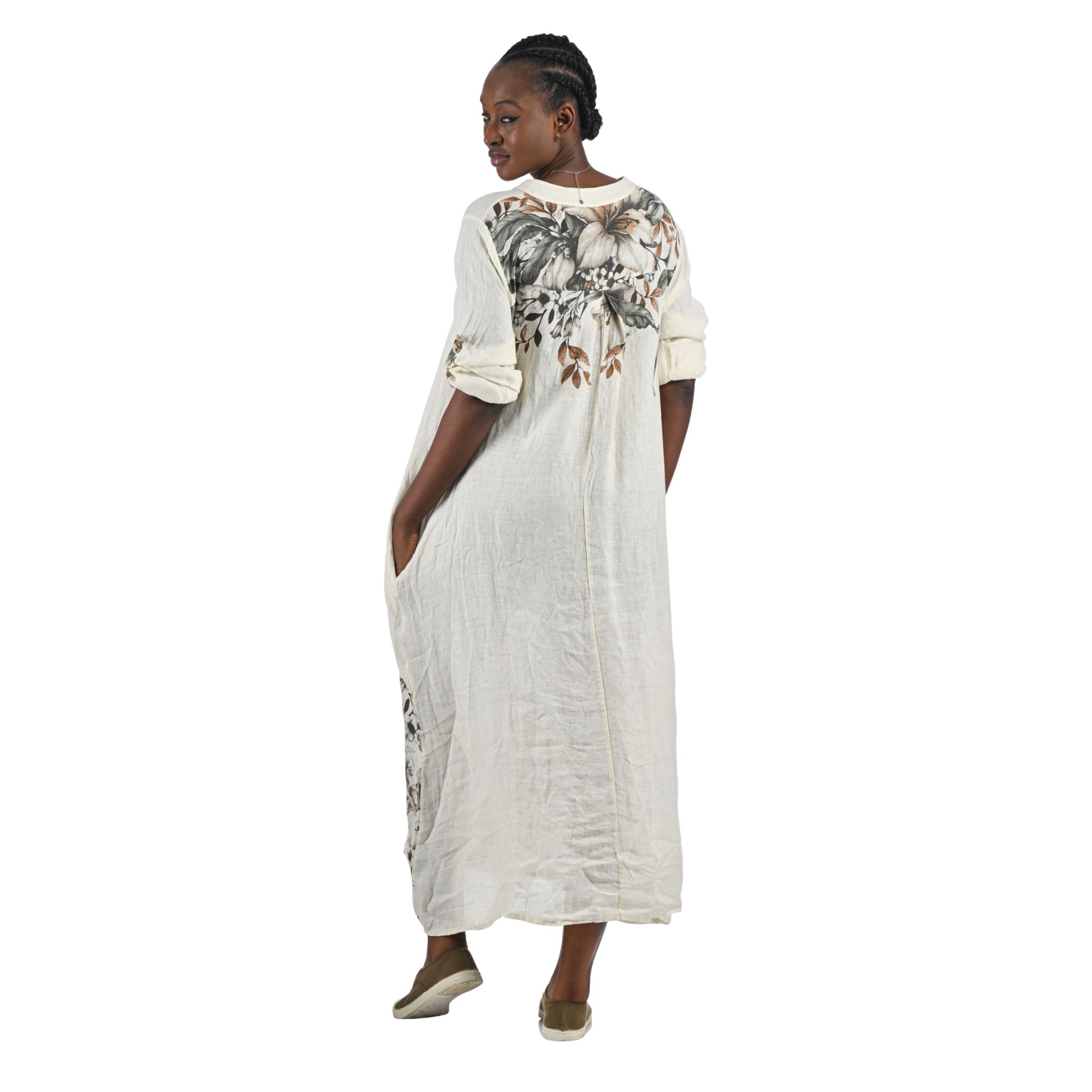 Floral border linen maxi dress