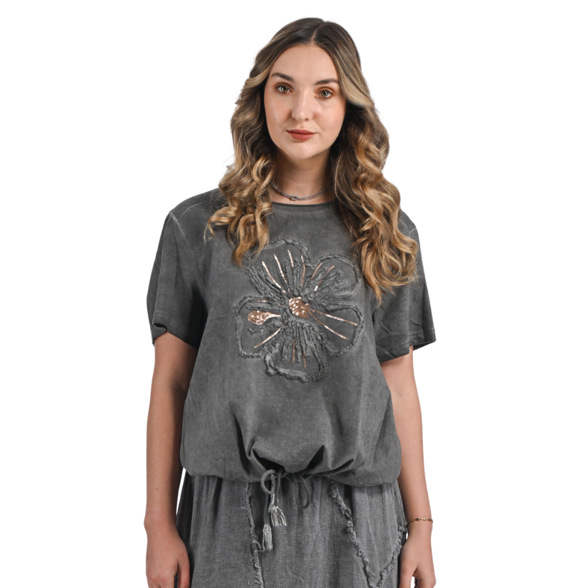 Overdyed 2 textured sequin cornelli embroidered top