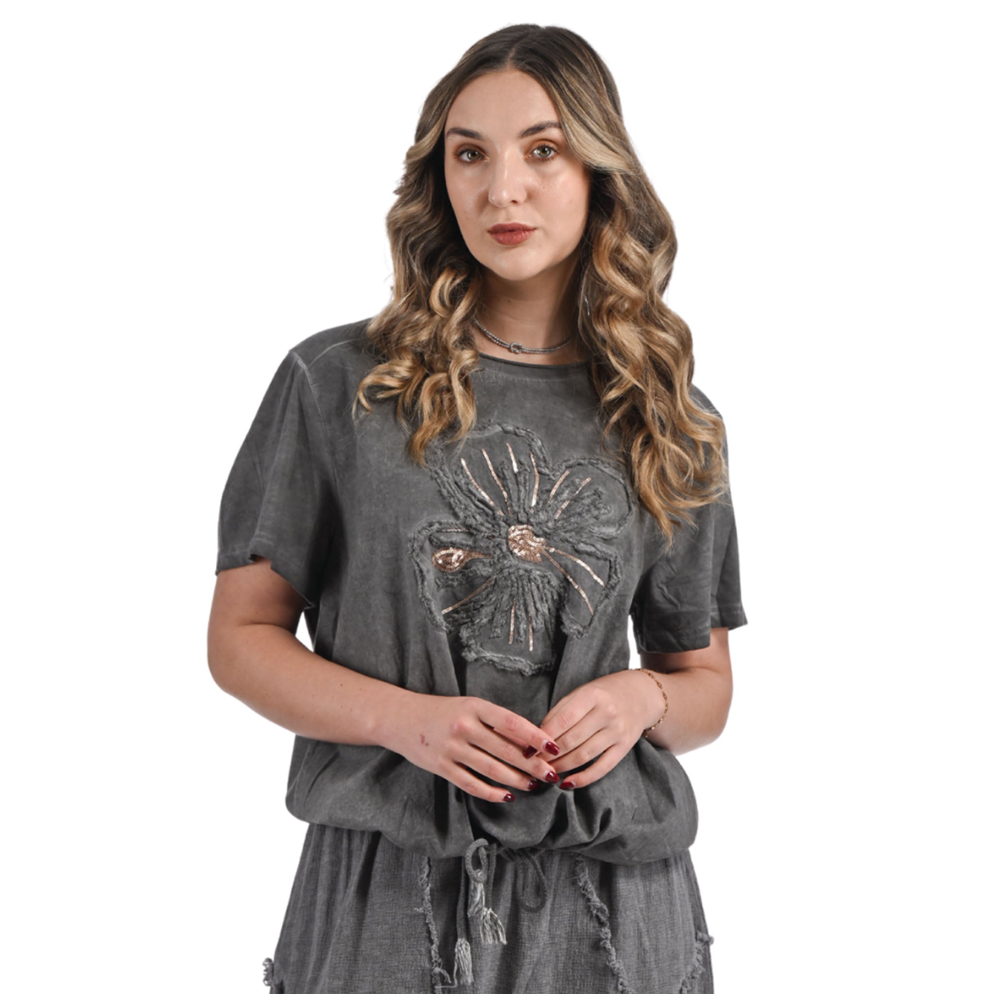 Overdyed 2 textured sequin cornelli embroidered top